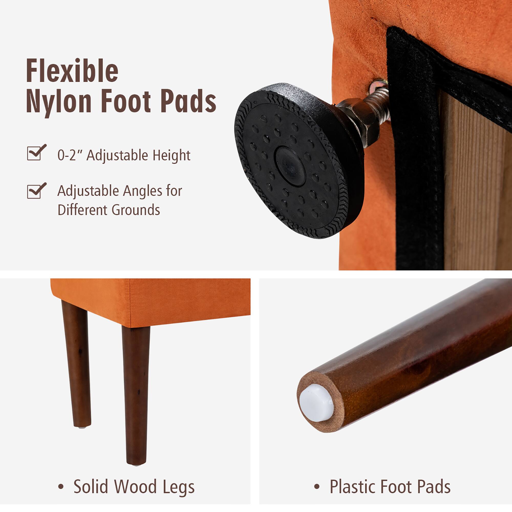 Flexible Nylon Foot Pads: 0-2" Adjustable Height, Adjustable Angles for Different Grounds, Solid Wood Legs, Plastic Foot Pads.