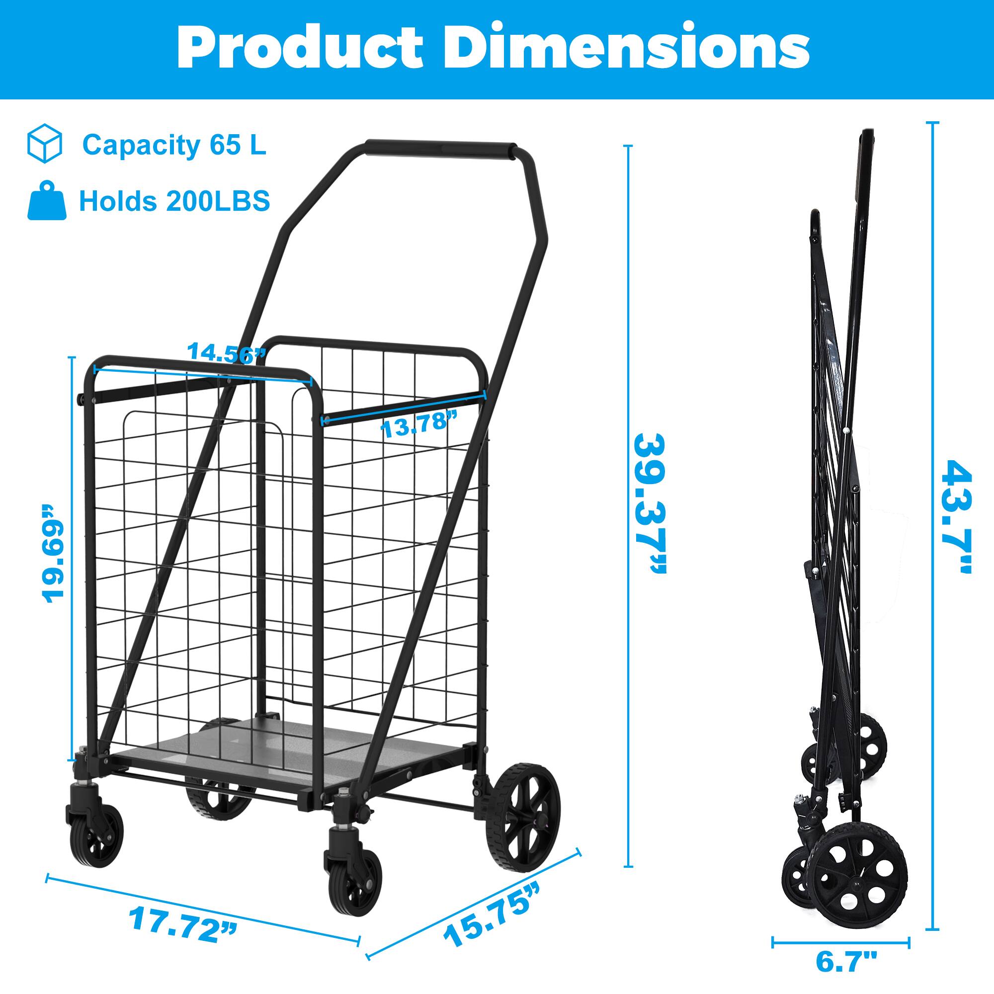 Product Dimensions

- Capacity: 65 L
- Holds: 200LBS

Dimensions:
- Height: 39.37"
- Width: 19.69"
- Depth: 14.56"
- Wheelbase: 17.72"
- Handle Height: 43.7"
- Handle Width: 13.78"
- Wheel Diameter: 6.7"