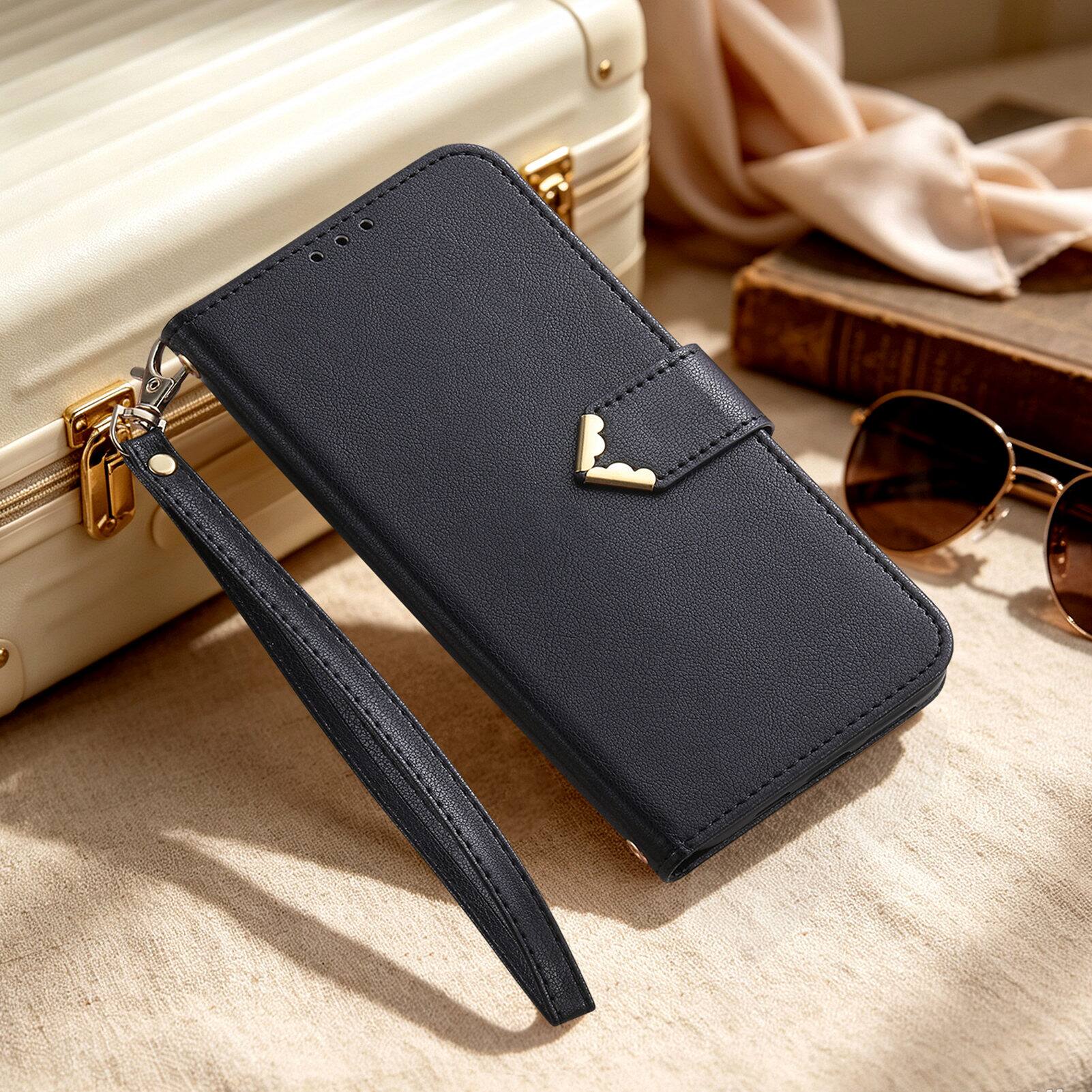 Angle. Dteck - Leather Wallet Case for Apple iPhone 17 Pro Max with Crossbody Strap, Shockproof Card Holder Kickstand Protective Cover - Black.