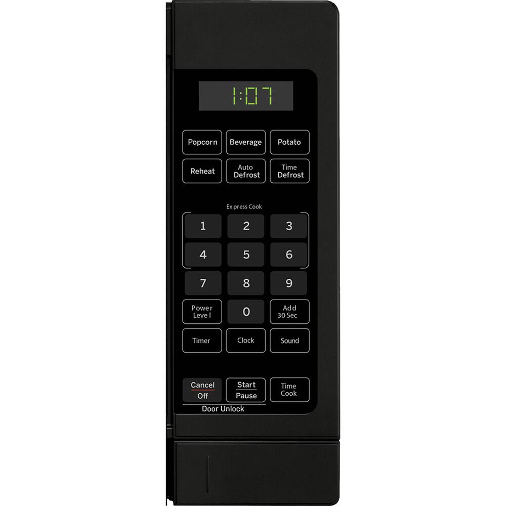 1:07  
Popcorn Beverage Potato  
Reheat Auto Defrost Time Defrost  
Express Cook  
1 2 3 4 5 6 7 8 9  
Power Level  
Add 30 Sec  
Timer Clock Sound  
Cancel Start Off Pause  
Door Unlock Time Cook
