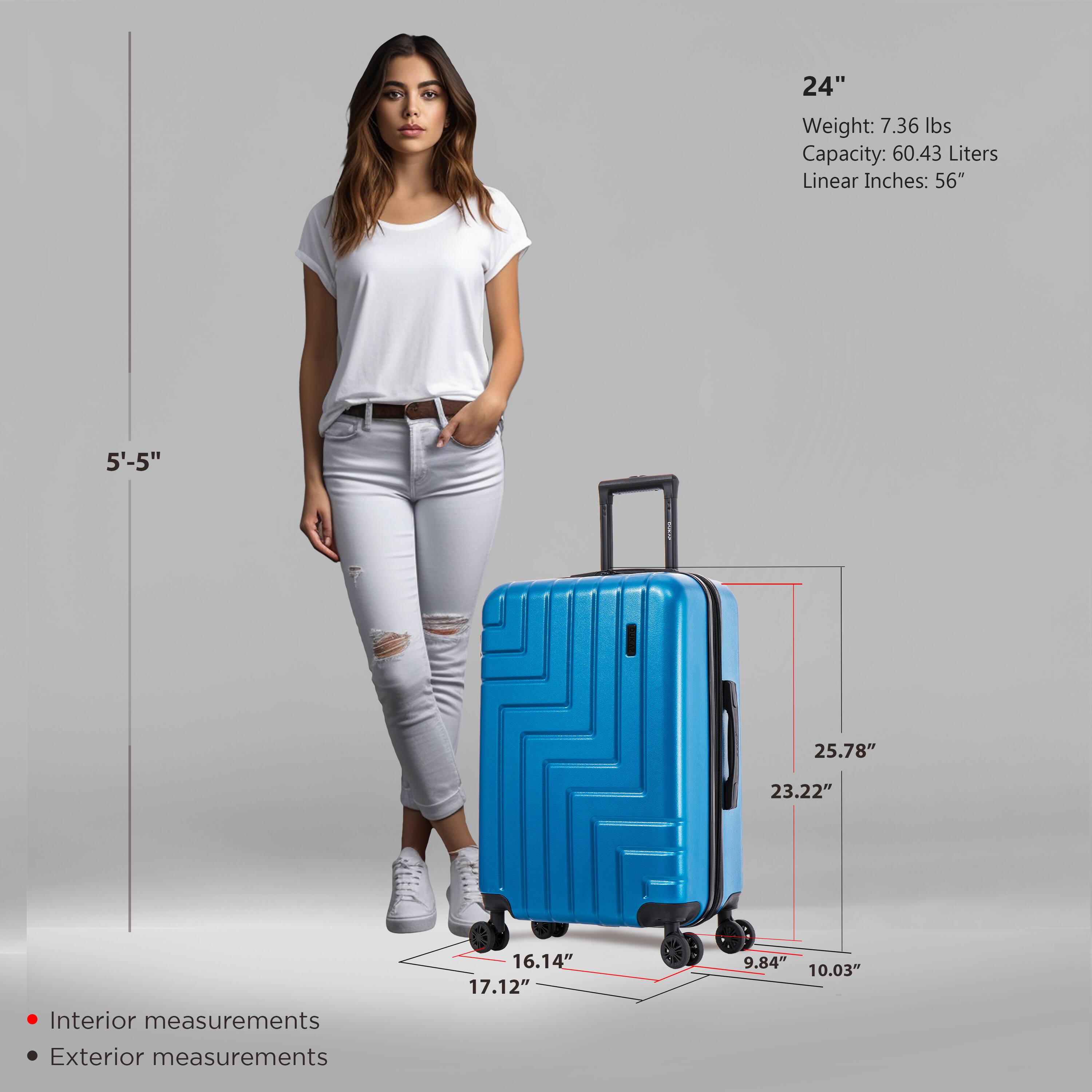 24"  
Weight: 7.36 lbs  
Capacity: 60.43 Liters  
Linear Inches: 56"  

Interior measurements:  
16.14" x 17.12" x 9.84"  

Exterior measurements:  
25.78" x 23.22" x 10.03"  

5'-5"