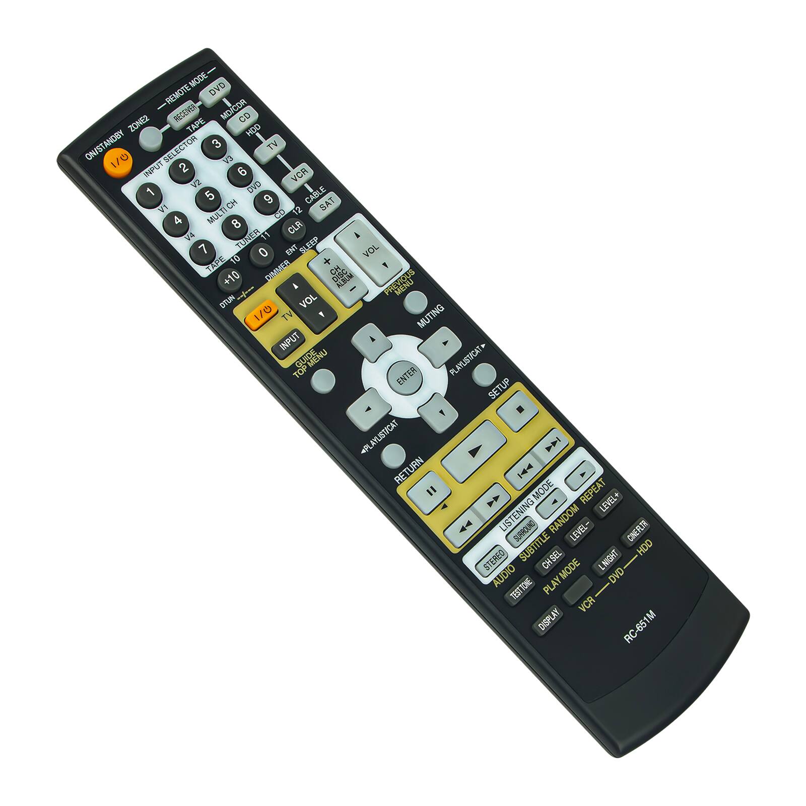 MODE - DVD REMOTE - MO/CDA ZONE2 RECEIVER CD TAPE HOO ON/STANDBY On 3 TV 1/0 SELECTOR CV INPUT 2 6 VCR V2 DVD 1 5 CABLE CH 9 BAT rV CD 2 4 MULTI 8 CLA VA TUNER 11 7 0 ENT SLEEP VOL TAPE 10 + 1 DIMMER CH +10 A R I MENU DTUN + VOL 1/0 TV MUTING INPUT k QUIDE MENU PLAYLISTCAT TOP ENTER SETUP +PLAYLISTCAT |4 RETURN | "  MODE REPEAT Y LEVEL+ LISTENING SUPIRCIUNO RANDOM LEVEL- CINEFLTR STEREO SUBTITLE CHSEL LNIGHT HDD AUDIO MODE DVD TEST TONE TEST PLAY I AY VCR DISPLAY M RC-651M -65 RC
