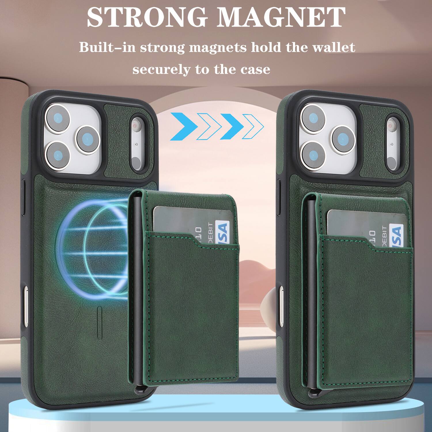 STRONG MAGNET  
Built-in strong magnets hold the wallet securely to the case