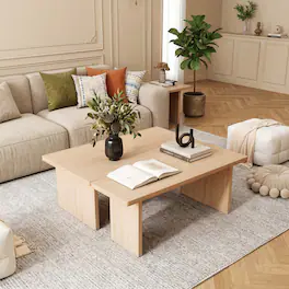 WELLFOR - Modular Coffee Table Set of , Modern Design L Shaped Center Tables with Compact Side Table Option - Oak