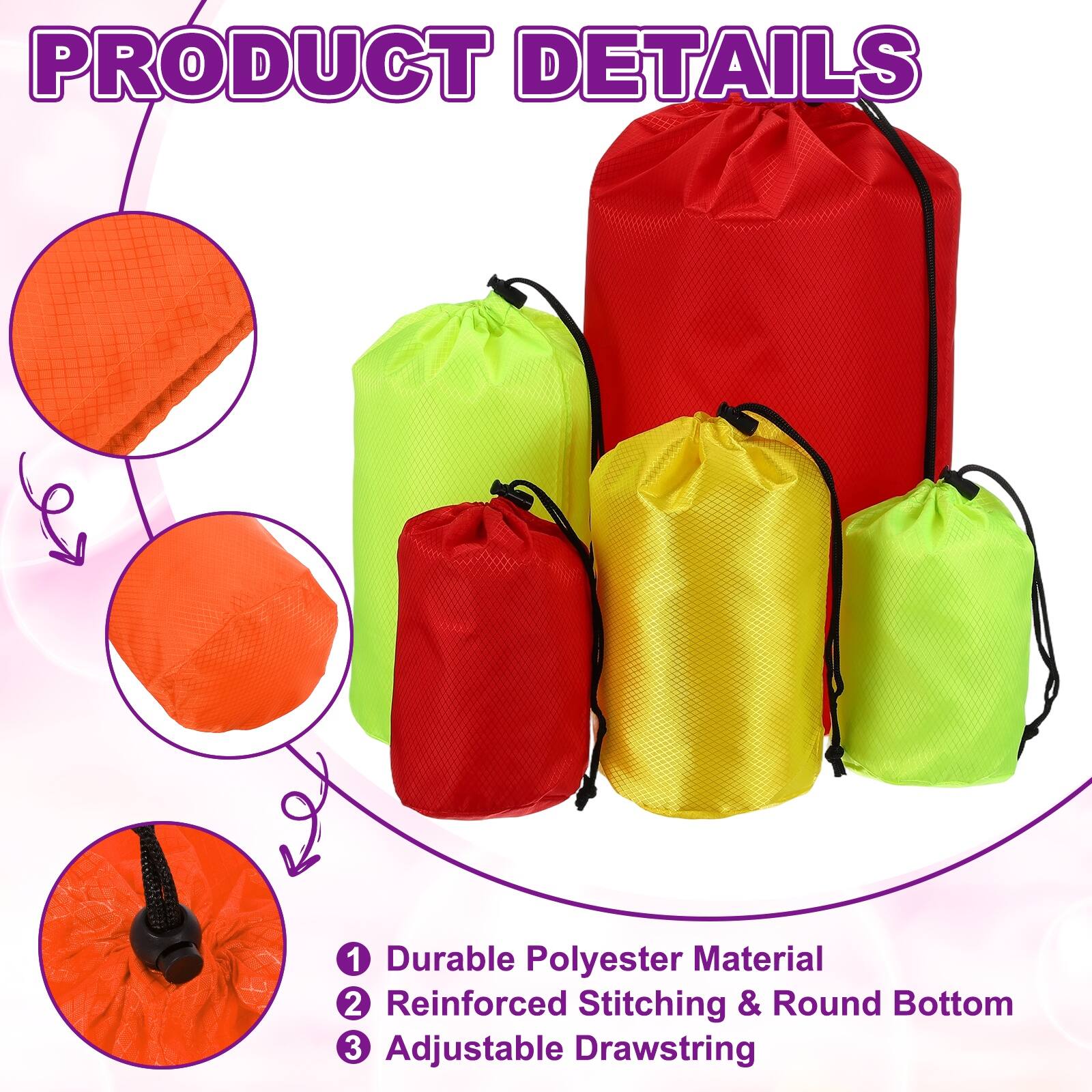 PRODUCT DETAILS

1. Durable Polyester Material
2. Reinforced Stitching & Round Bottom
3. Adjustable Drawstring