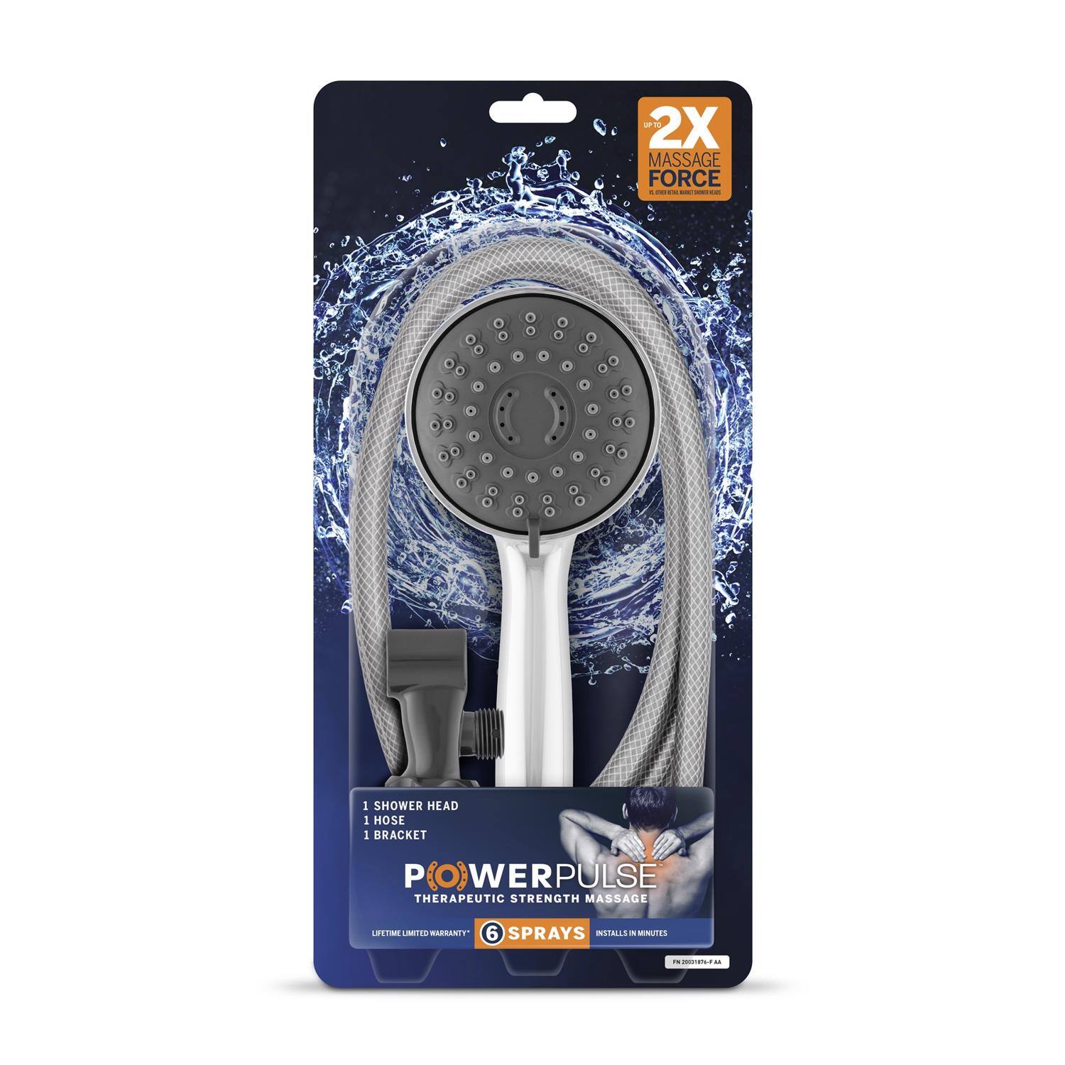 UN 2X MASSAGE FORCE - : : | I 1 SHOWER HEAD 1 HOSE I BRACKET P(O) WER PULSE THERAPEUTIC STRENGTH MASSAGE 6 SPRAYS INSTALLS IN MINUTES .