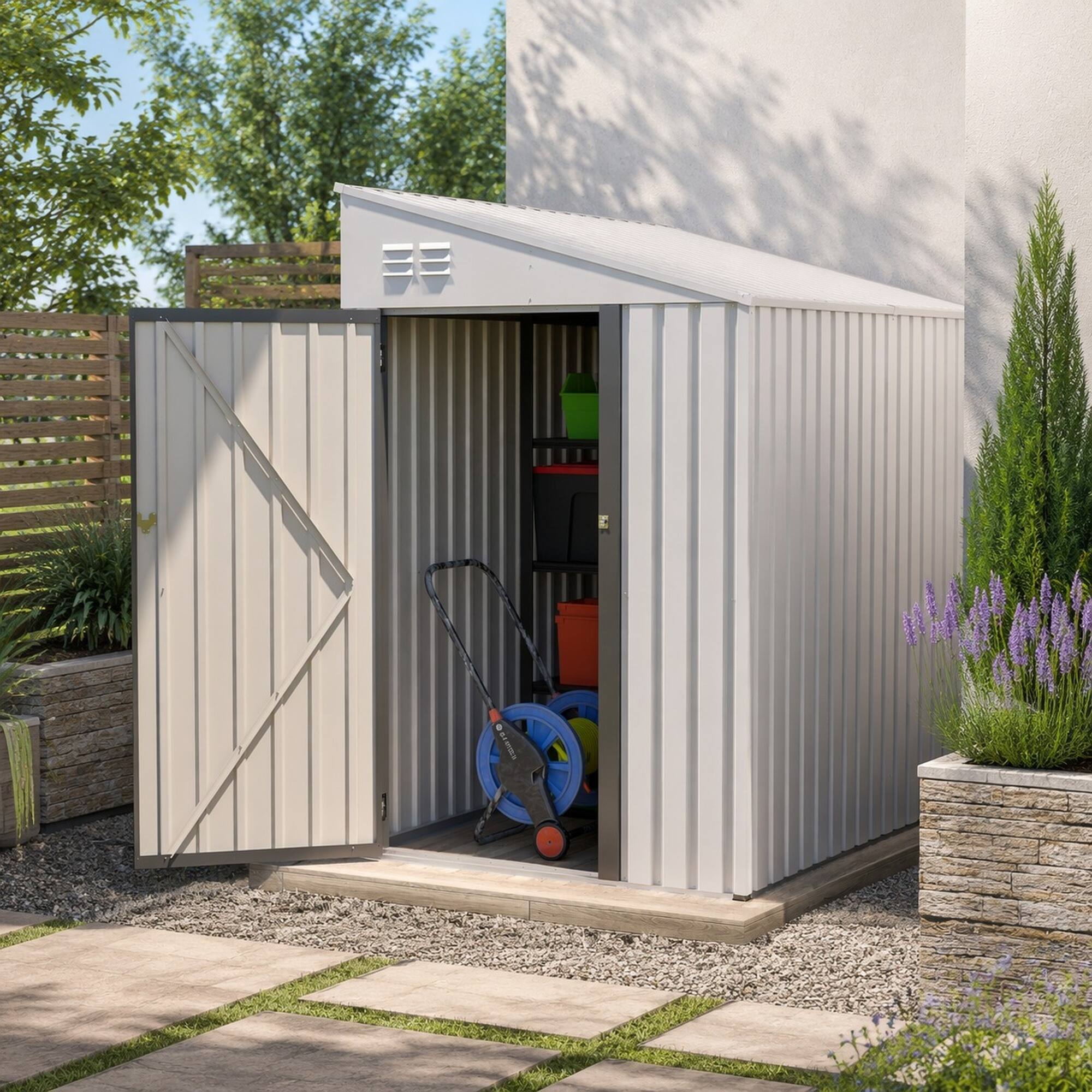 Angle. RYHNUYNE - White 4x7 Ft Lean-To Metal Shed Weatherproof Garden Bike Shelter Lockable Easy DIY - White.