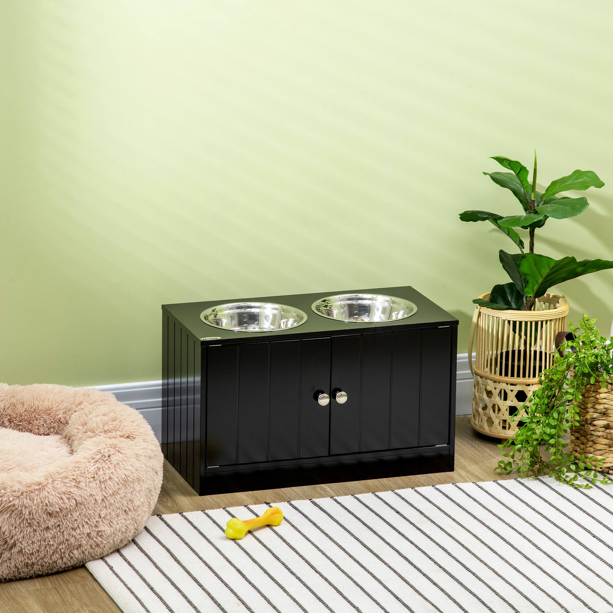 Alt View 1. Pawhut - Elevated Dog Bowls with Storage Cabinet Containing Large 44L Capacity - Black.