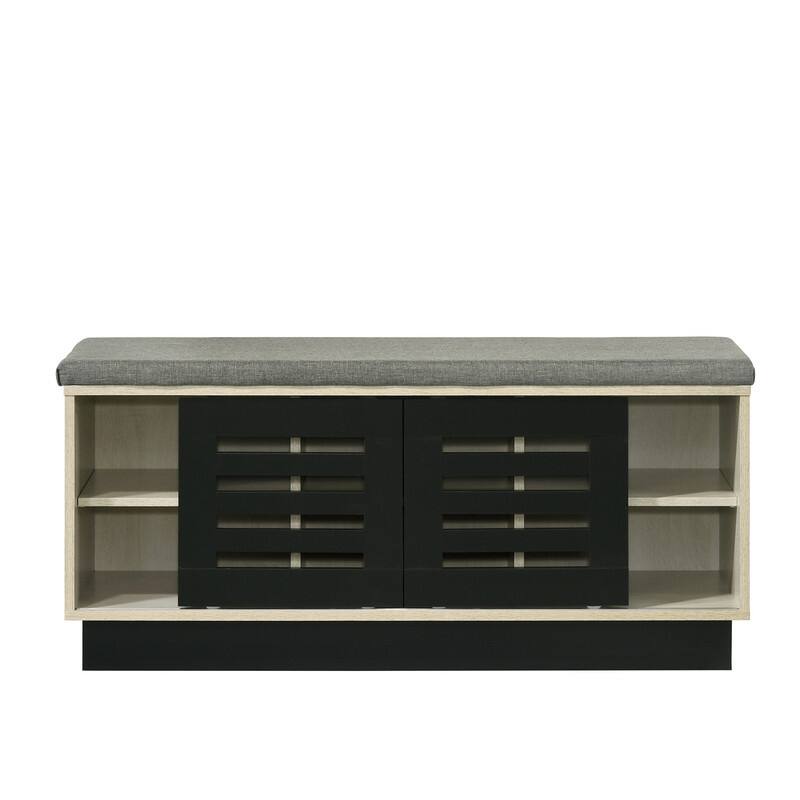 Back. Whisen - Sliding Door Shoe Storage Bench with Upholstered Seat and Adjustable Shelves-Oak - Oak.