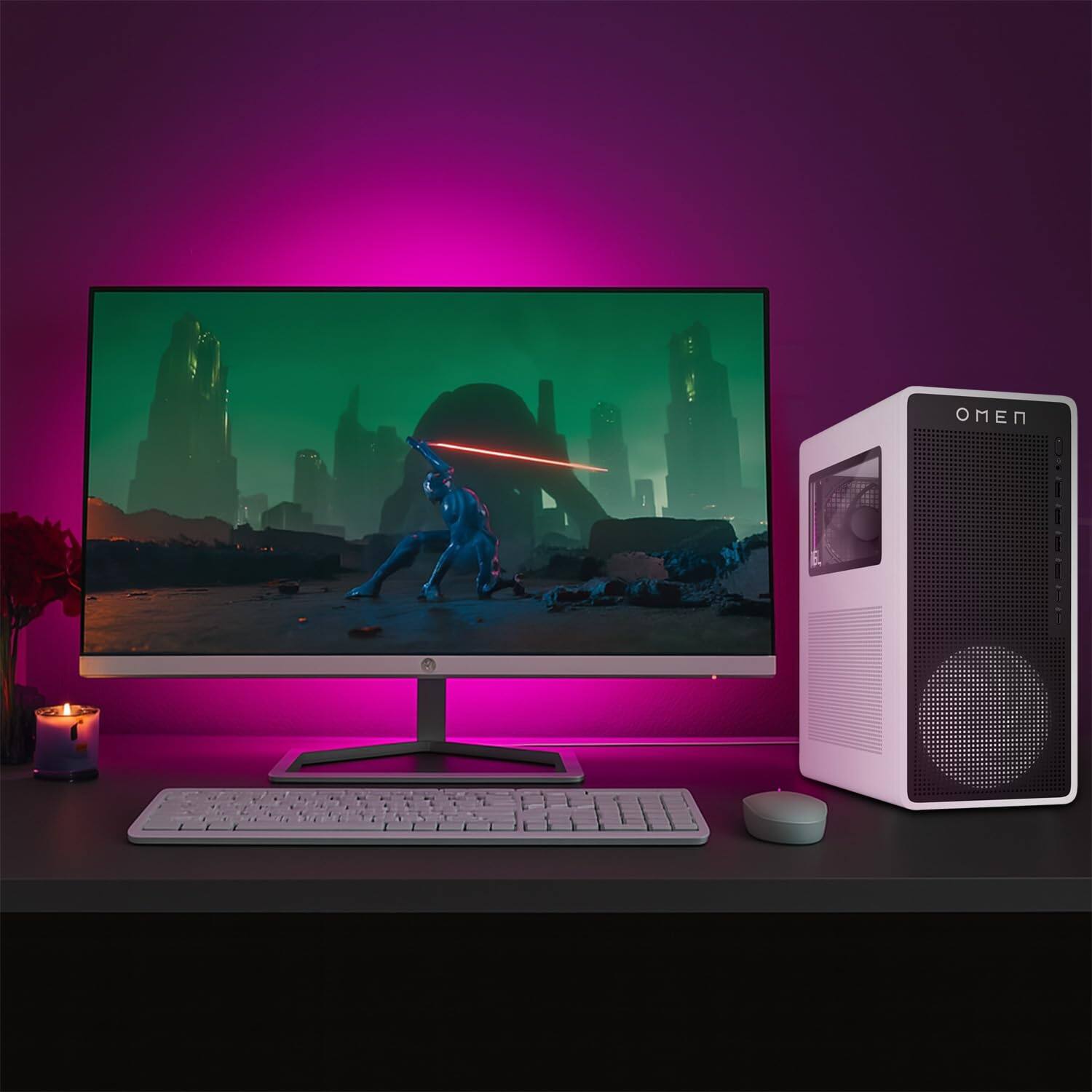 Alt View 3. HP - OMEN 16L Gaming Desktop PC, Intel Core Ultra 7 265F, NVIDIA GeForce RTX 5060, 32GB Memory, 1TB SSD, Wi-Fi 6. - Black.