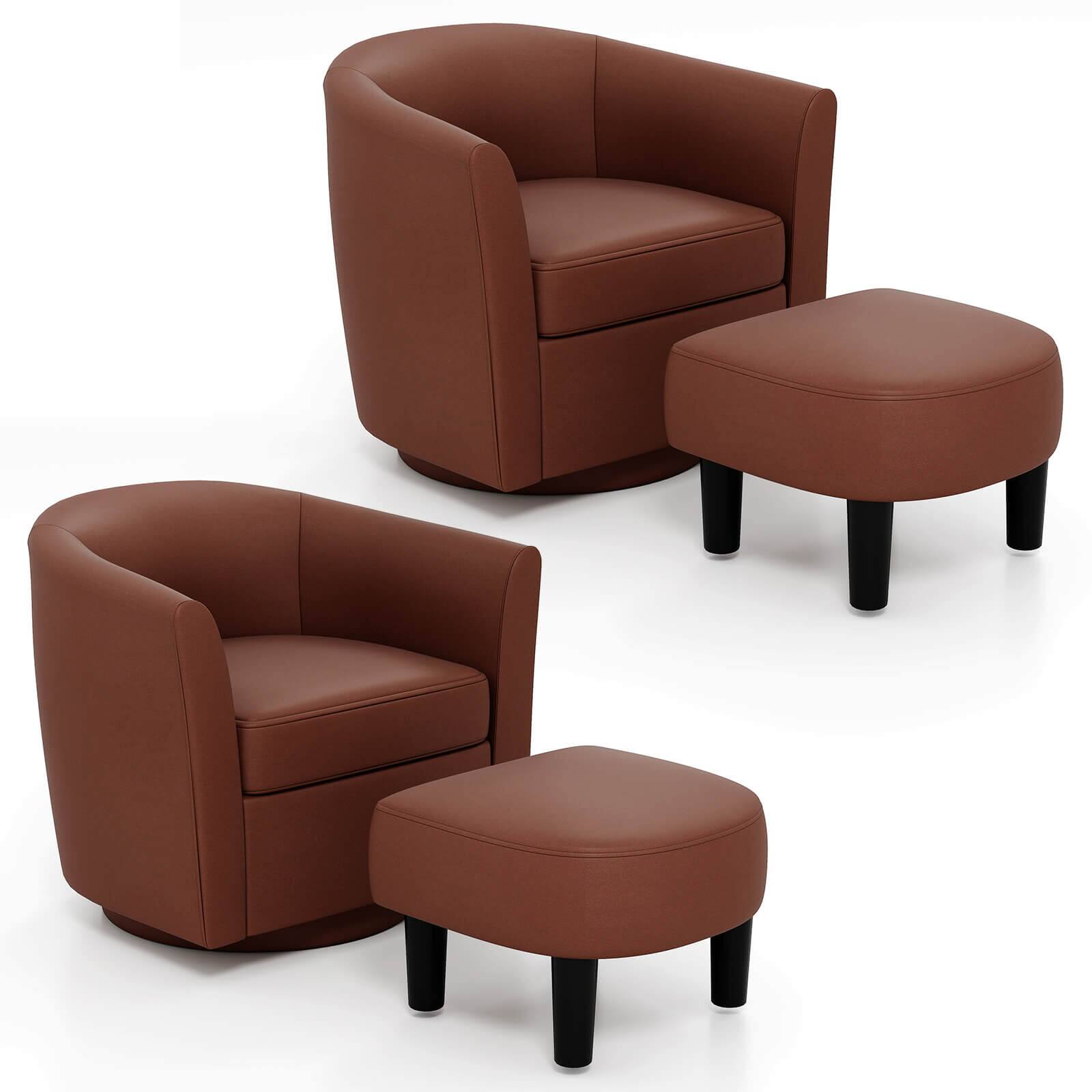 Front. Costway - Costway 2 PCS Swivel Barrel Chair with Ottoman Footrest Curved Backrest Armrests Living Room - Brown.