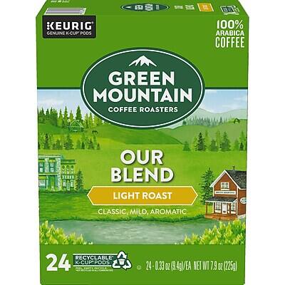 KEURIG GENUINE K-CUP PODS  
100% ARABICA COFFEE  
GREEN MOUNTAIN COFFEE ROASTERS  
OUR BLEND  
LIGHT ROAST  
CLASSIC, MILD, AROMATIC  
RECYCLABLE*  
24 K-CUP PODS  
24 - 0.33 OZ (9.4g/EA)  
NET WT 7.9 OZ (225g)