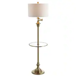 Jonathan Y - Cora 60" Modern Metal LED Floor Lamp with Integrated Glass Side Table and Swing Arm, Brass/Clear - Brass Gold/Clear