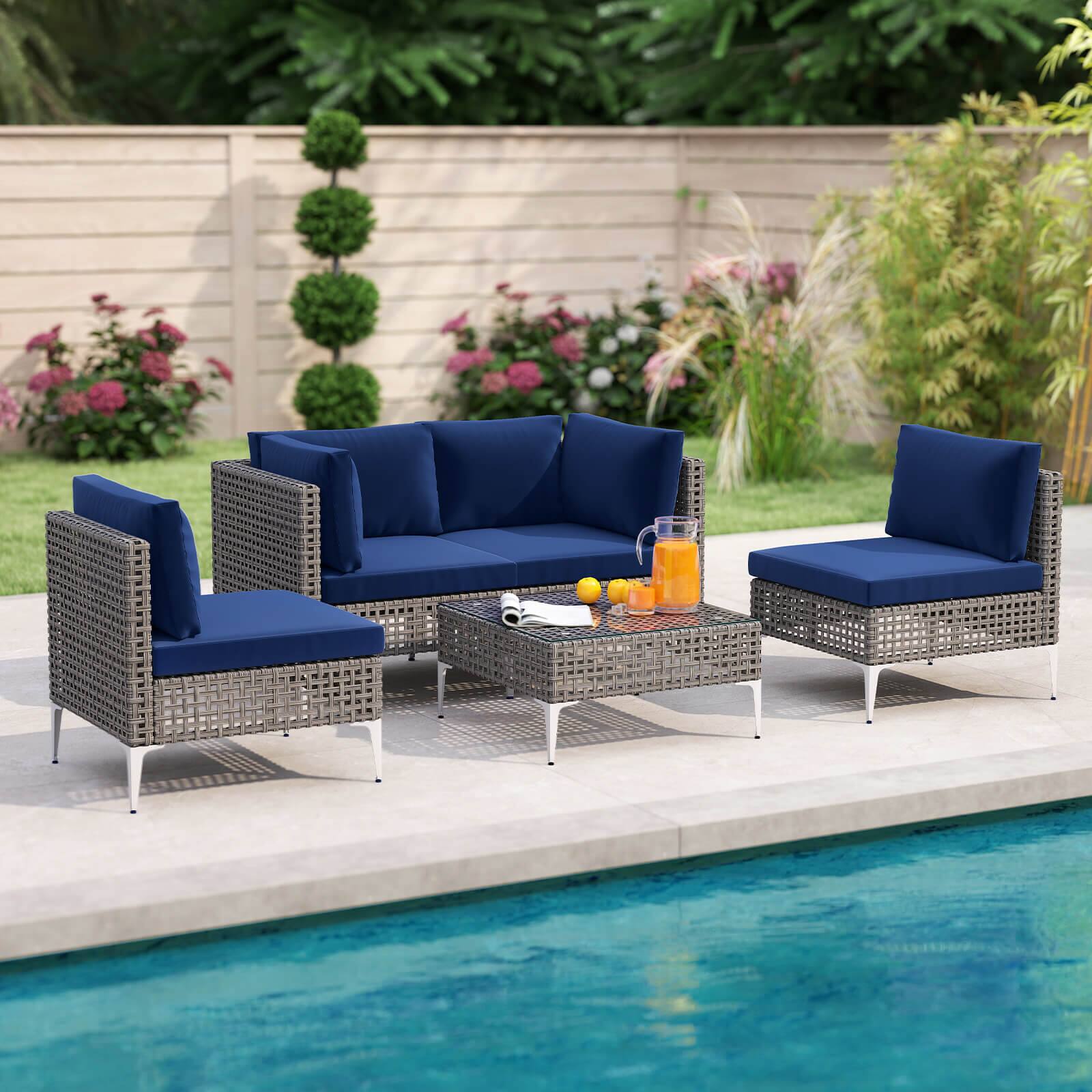 Alt View 1. Costway - Costway 5 PCS Outdoor Furniture Set with Seat & Back Cushions Tempered Glass Coffee Table - Navy.