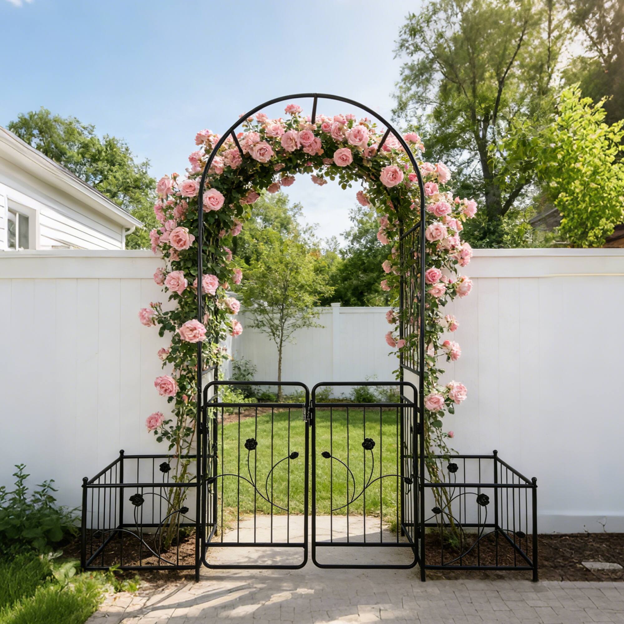 Left. Loheer - Metal Garden Arch with Gate for Climbing Plants Outdoor Rose Arch Trellis - Black.