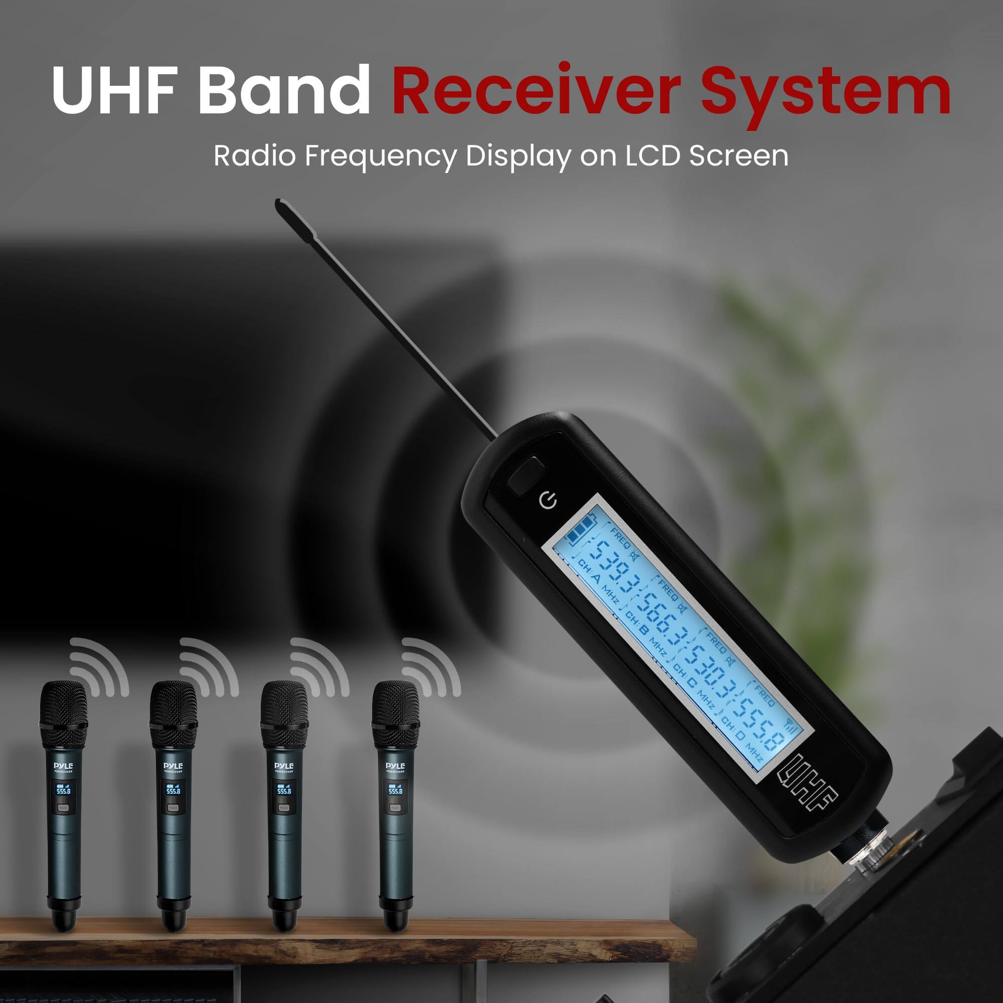 UHF Band Receiver System  
Radio Frequency Display on LCD Screen  

VL a r ma PPLE ma G FRED  
CHA CH 86ES THI E "FREO 51295/0685 . CH S66  
2 /CHC MHZ 34 FREO o HD C 8555/808518 ! MHz D 555.8 D THN FRED Til I LHF