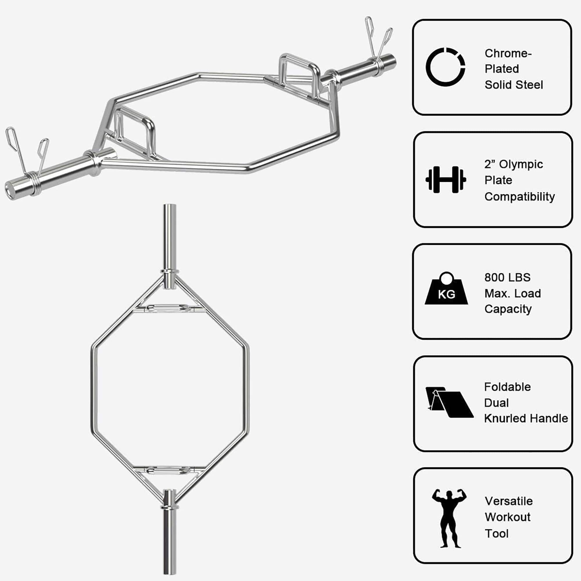 Chrome-plated solid steel 2" Olympic plate compatibility KG 800 LBS max. load capacity foldable dual knurled handle versatile workout tool.