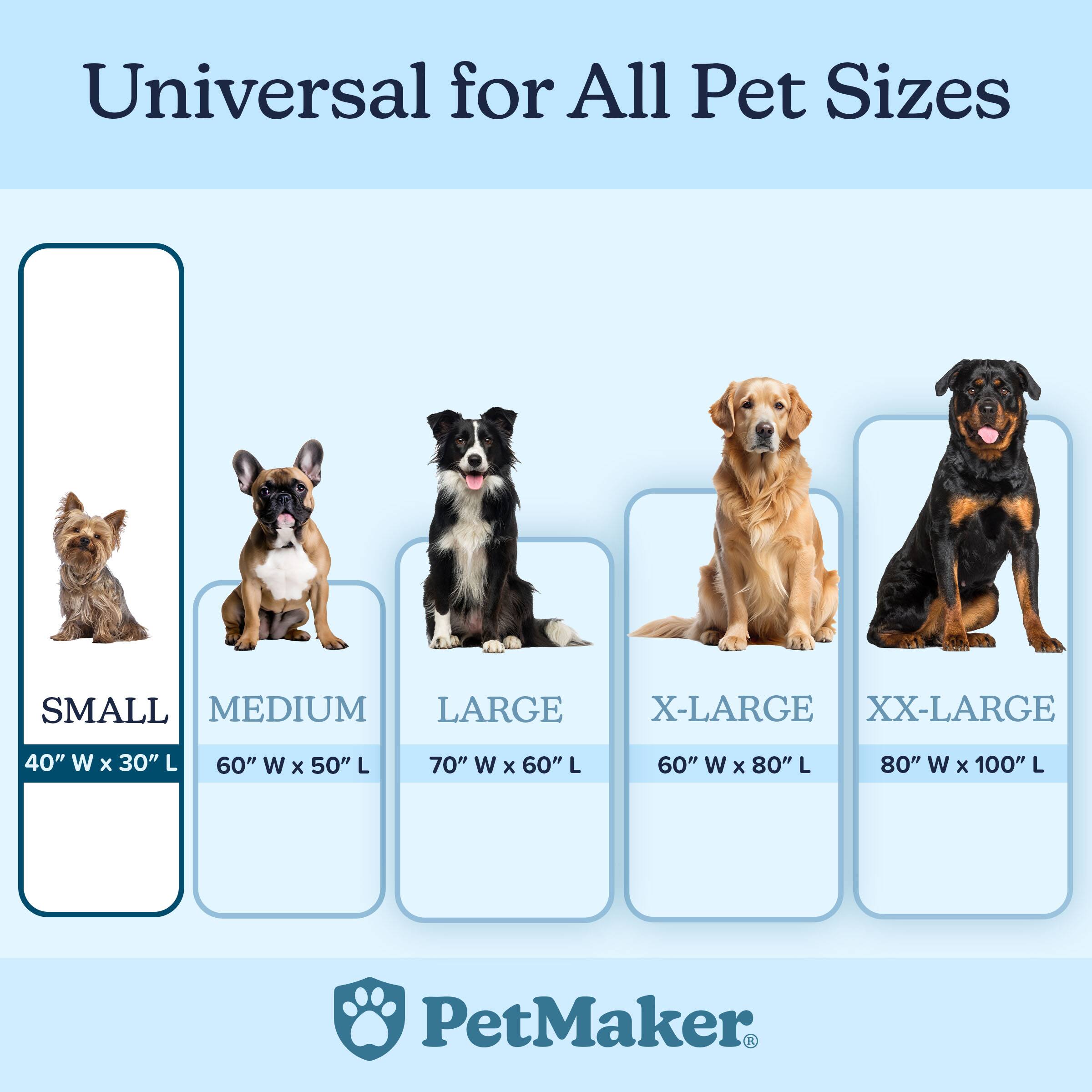 Universal for All Pet Sizes

SMALL  
40" W x 30" L

MEDIUM  
60" W x 50" L

LARGE  
70" W x 60" L

X-LARGE  
60" W x 80" L

XX-LARGE  
80" W x 100" L

PetMaker
