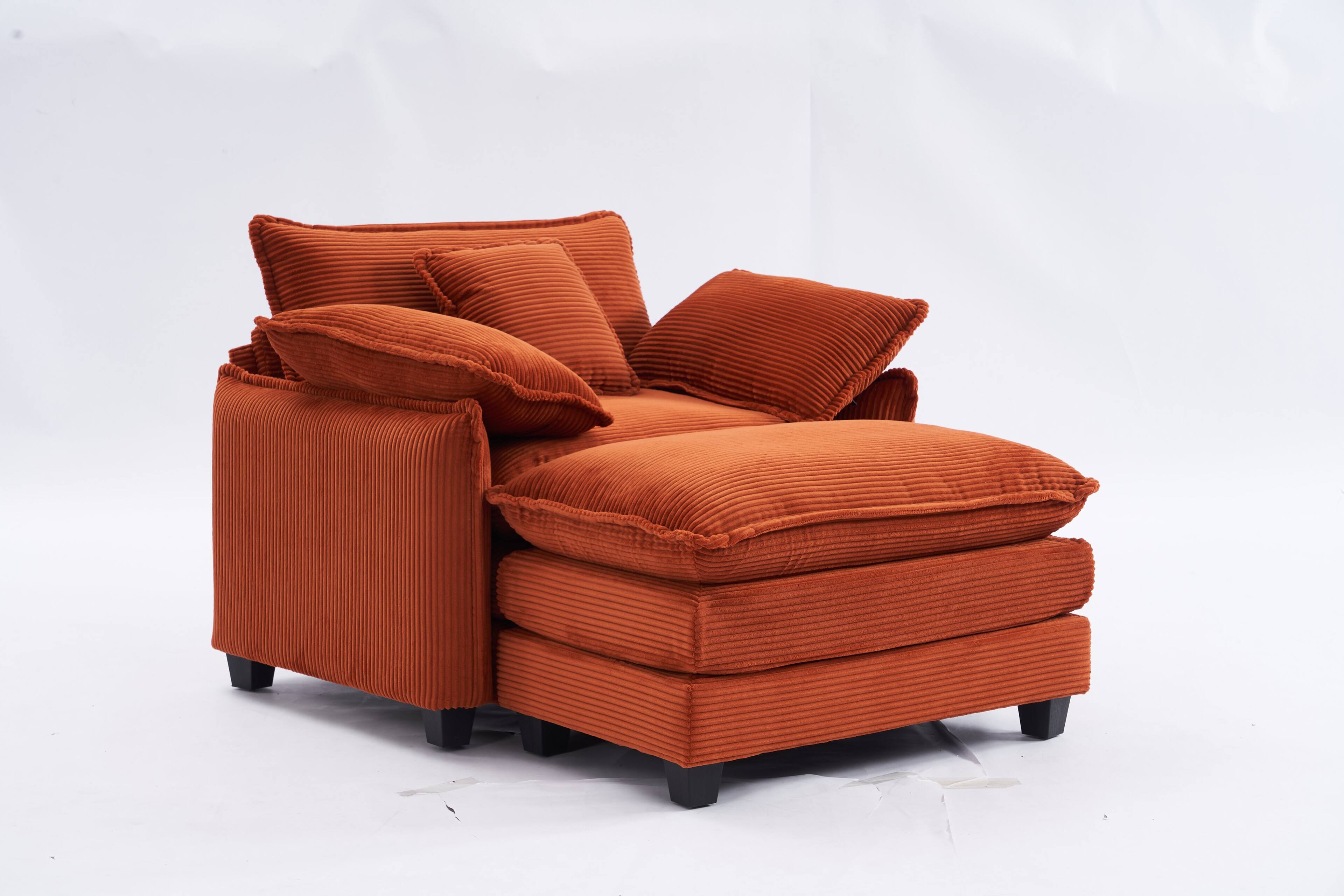 Angle. JUJABU - Orange Corduroy Fabric 46" Single Lounge Accent Chair with 1 Ottoman, Foam Cushions, Removable Armrest - Orange.
