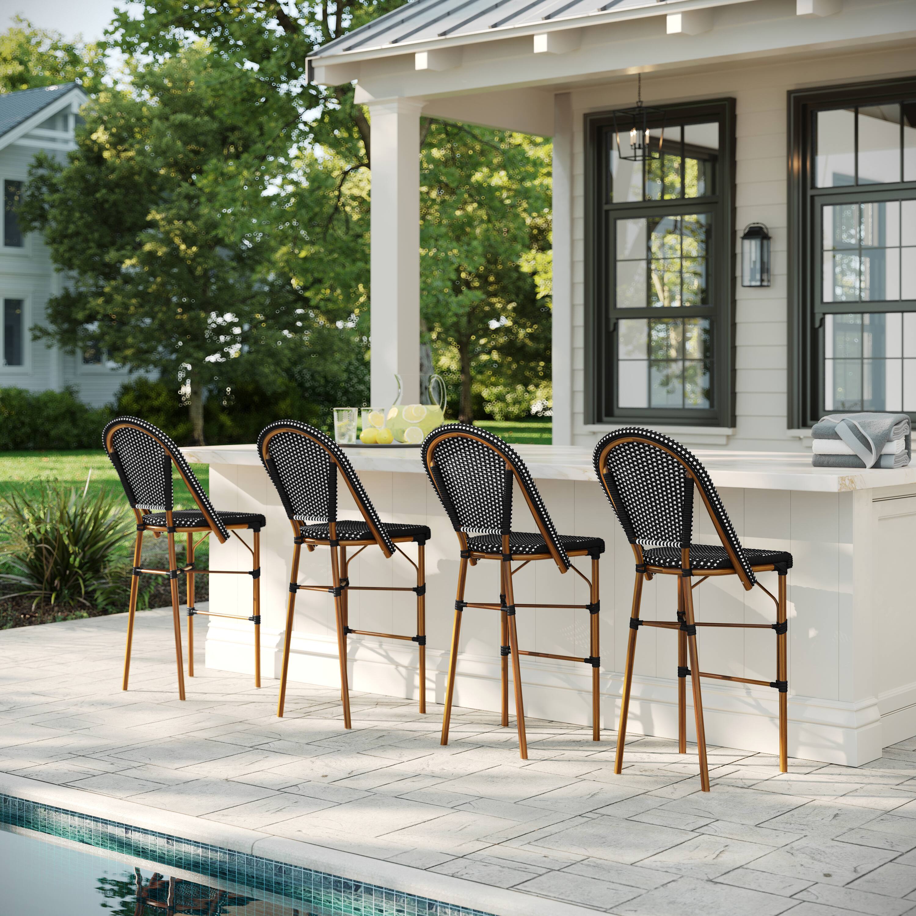 Alt View 4. Martha Stewart - Lily Pond All-Weather Stackable Patio Bistro Bar Stool - Black & White/Natural Frame.
