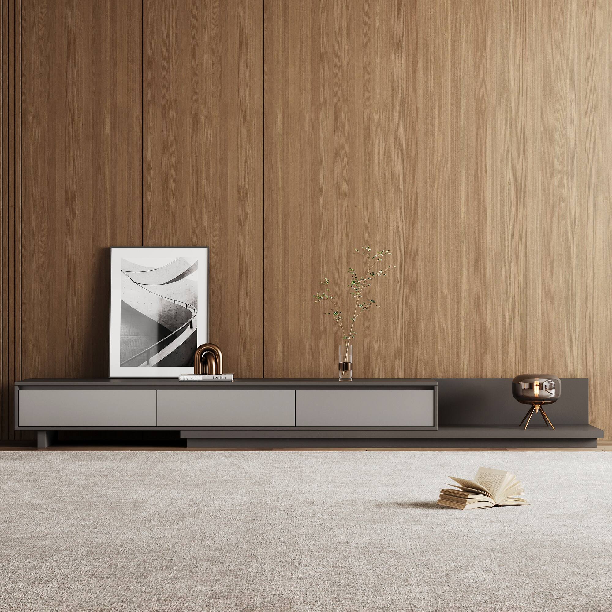 Angle. luck idea - 78.7" Stretchable TV stand,tv console With Three Storage Drawers , Suitable for TVs up to 100 inches. - Gray.