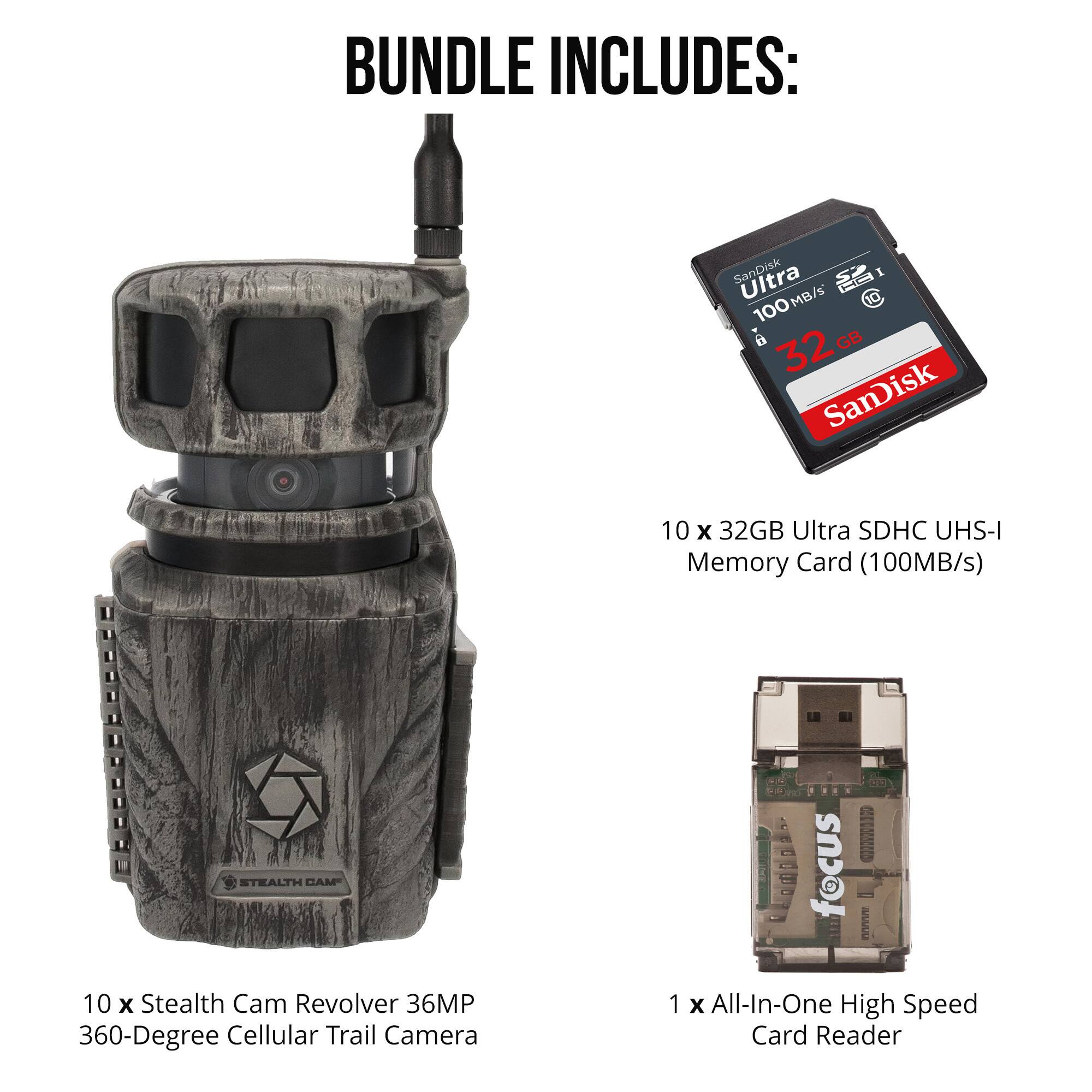 BUNDLE INCLUDES:

- 10 x Stealth Cam Revolver 36MP 360-Degree Cellular Trail Camera
- 10 x 32GB Ultra SDHC UHS-I Memory Card (100MB/s)
- 1 x All-In-One High Speed Card Reader