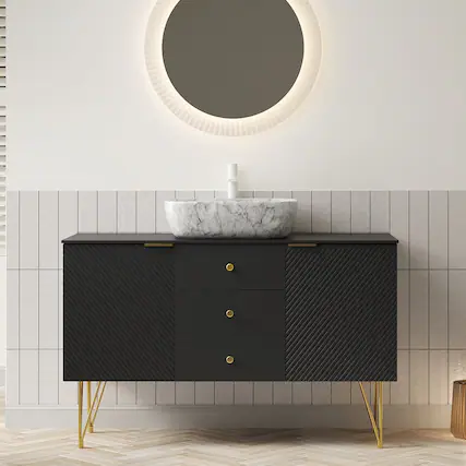 Front. Boyel Living - 48 Bathroom Vanity with 3 Drawers 2 Doors White Marble Pattern Ceramic Vessel Basin Sintered Stone Black - Black,Stone Gray.