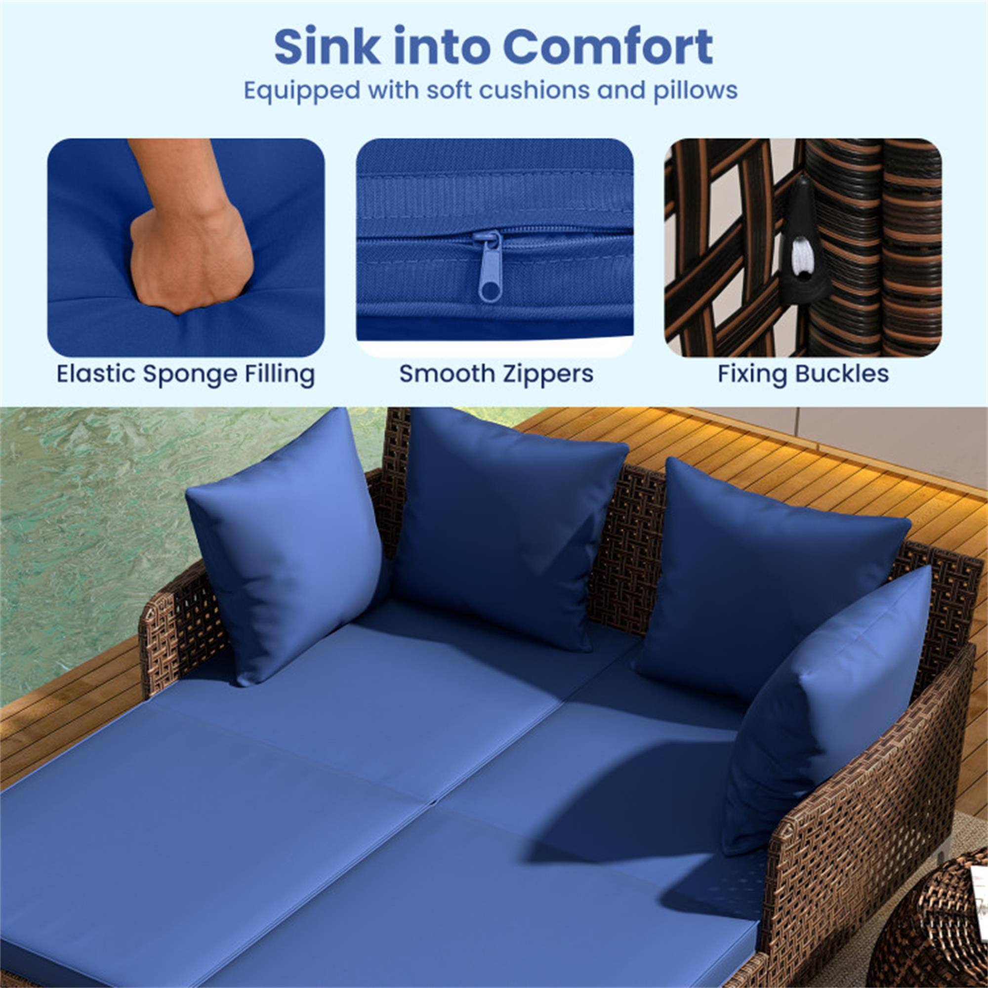 Sink into Comfort  
Equipped with soft cushions and pillows  

- Elastic Sponge Filling  
- Smooth Zippers  
- Fixing Buckles