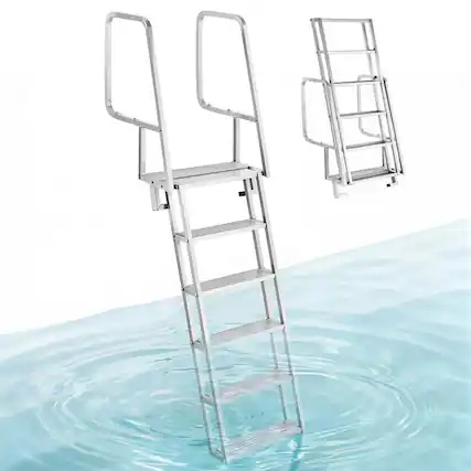 Front. VEVOR - Flip-Up Dock Ladder, 6-Step, Heavy-Duty Aluminum Alloy Pontoon Boat Swim Ladder, with Non-Slip Wide Steps - Silver.