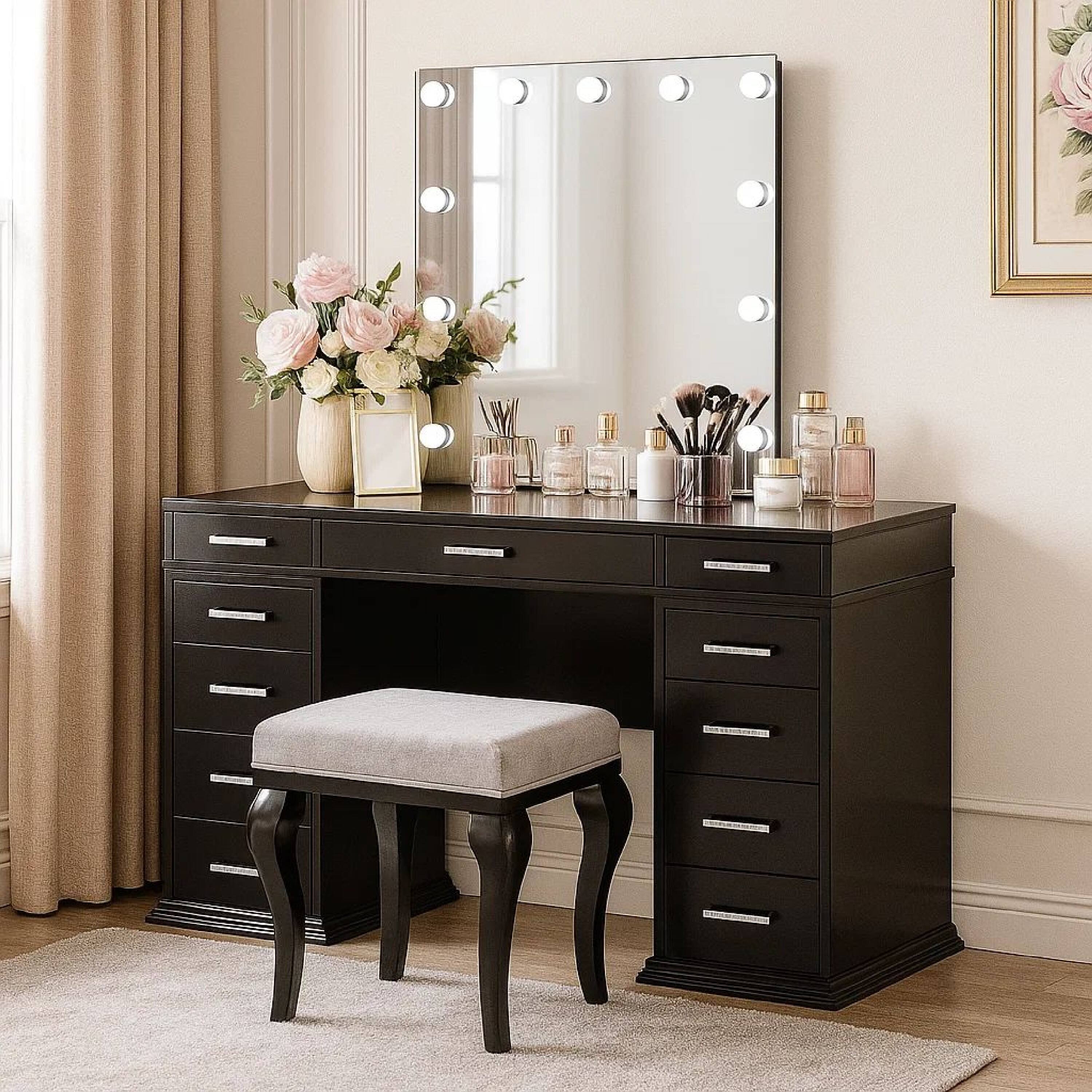 Alt View 5. Manhattan Lane - Vaz 3pc LED Mirror Vanity Table Set w Padded Stool, Glass Top - Obsidian Gray, Clear.