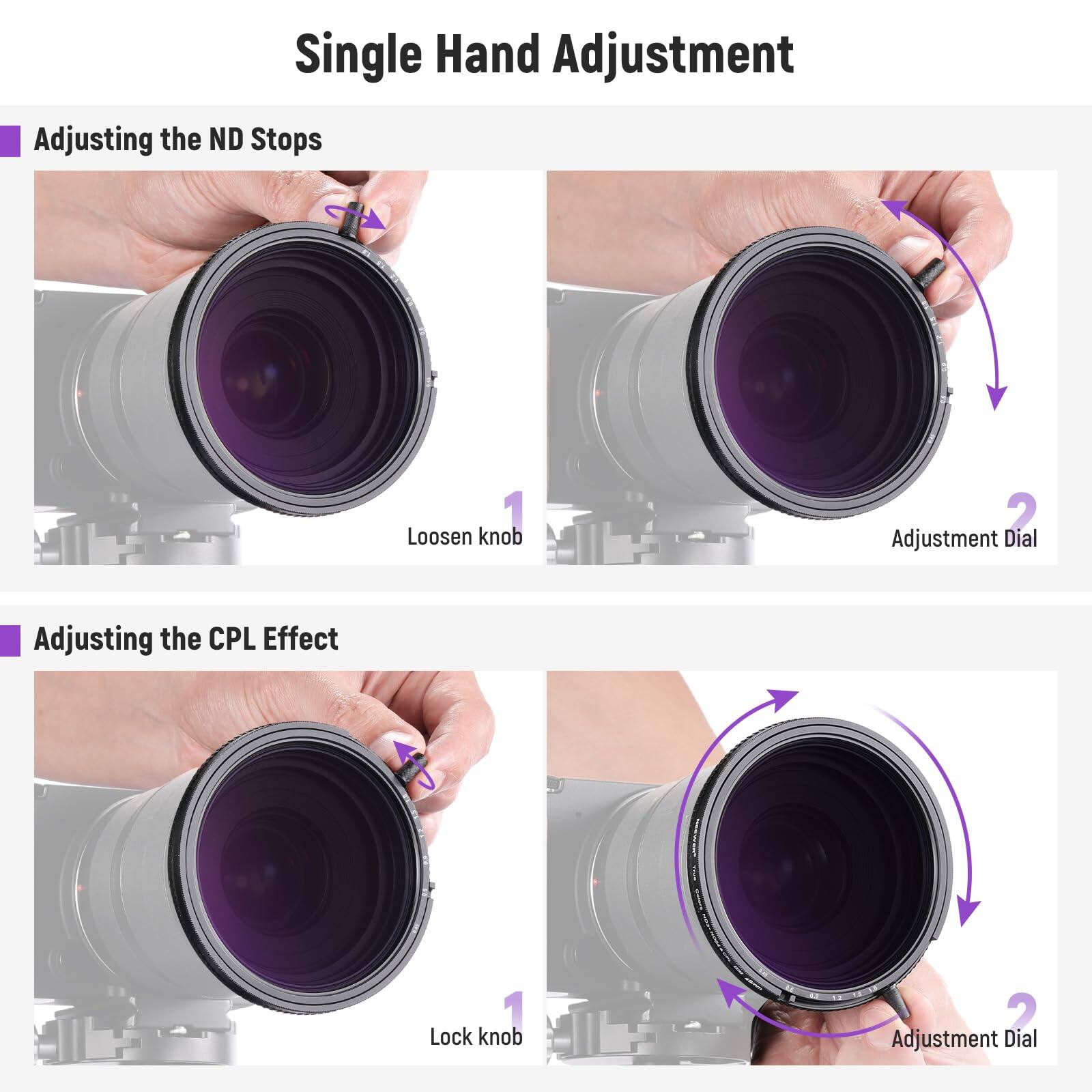 Single Hand Adjustment

Adjusting the ND Stops
1. Loosen knob
2. Adjustment Dial

Adjusting the CPL Effect
1. Lock knob
2. Adjustment Dial