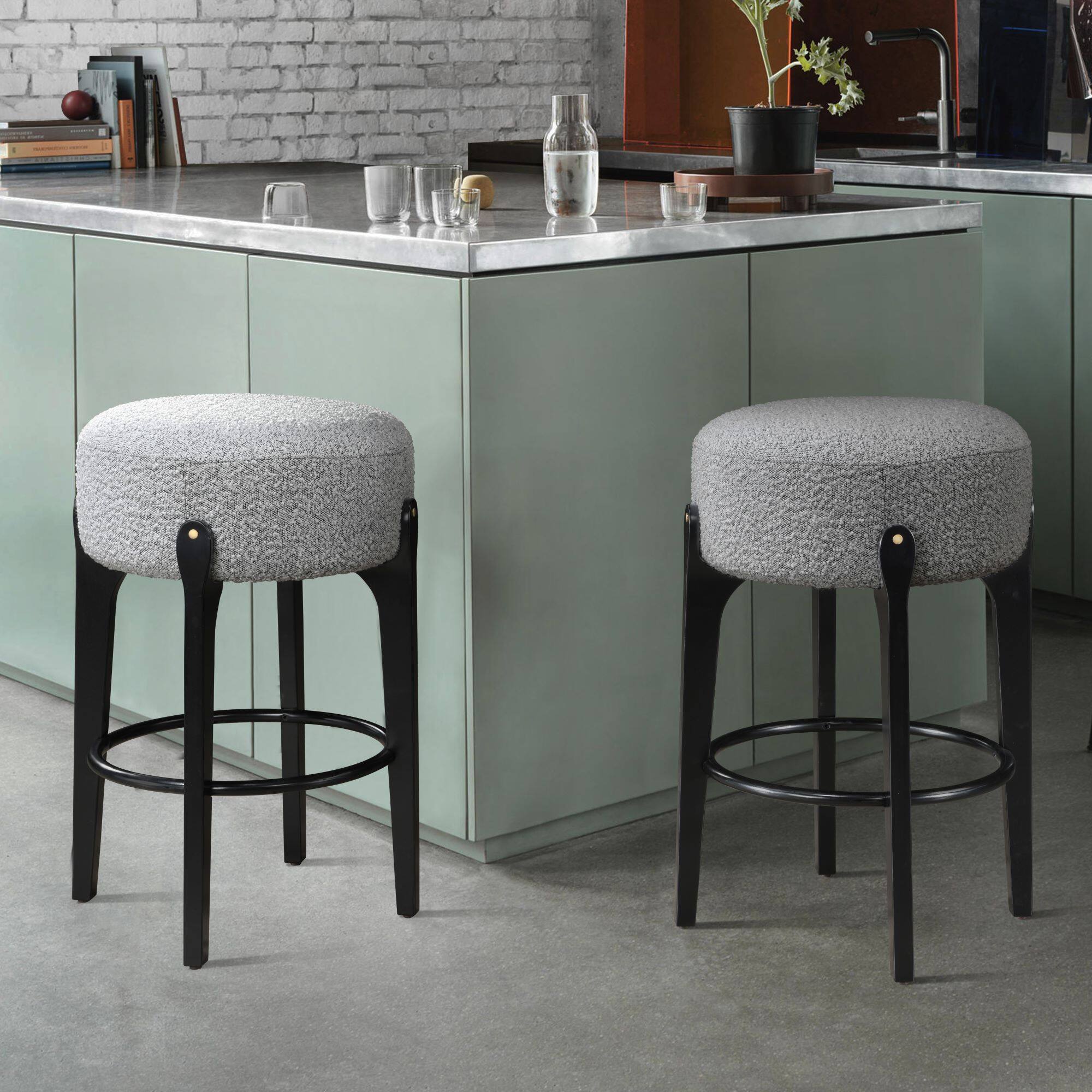 Angle. LuXeo - Ellie 29 in. Black Backless Wood Bar Stool with Gray Boucle Fabric Seat (Set of 2) - Black/Gray.