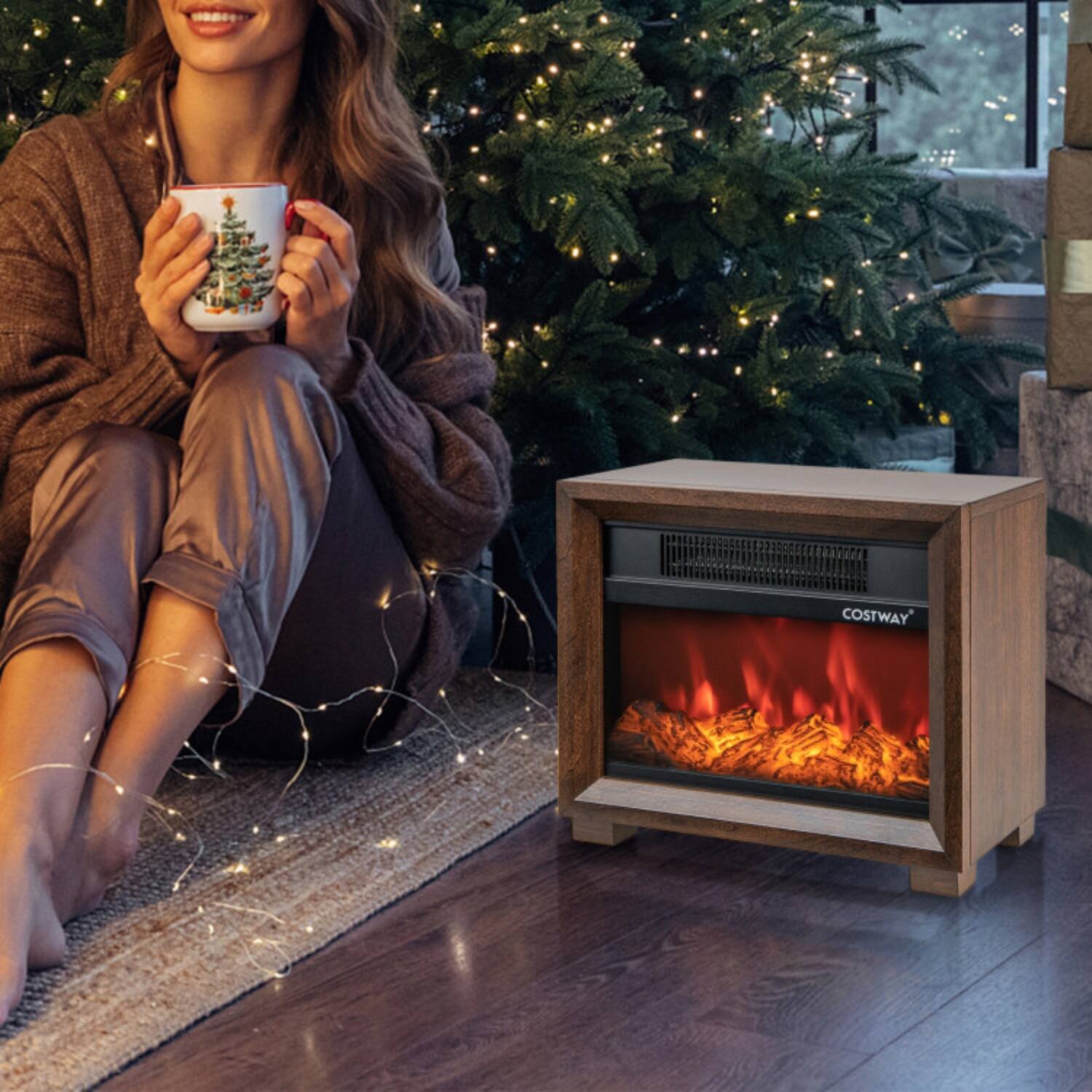 Alt View 3. LUCKY ONE - Mini Freestanding Wooden Tabletop Fireplace with Realistic Flame - Brown.