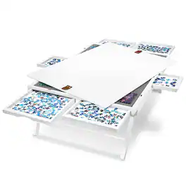 Jumbl - 1500-Piece Puzzle Board - 27 x 35" Wooden Puzzle Table with Felt Surface & 6 Drawers - White