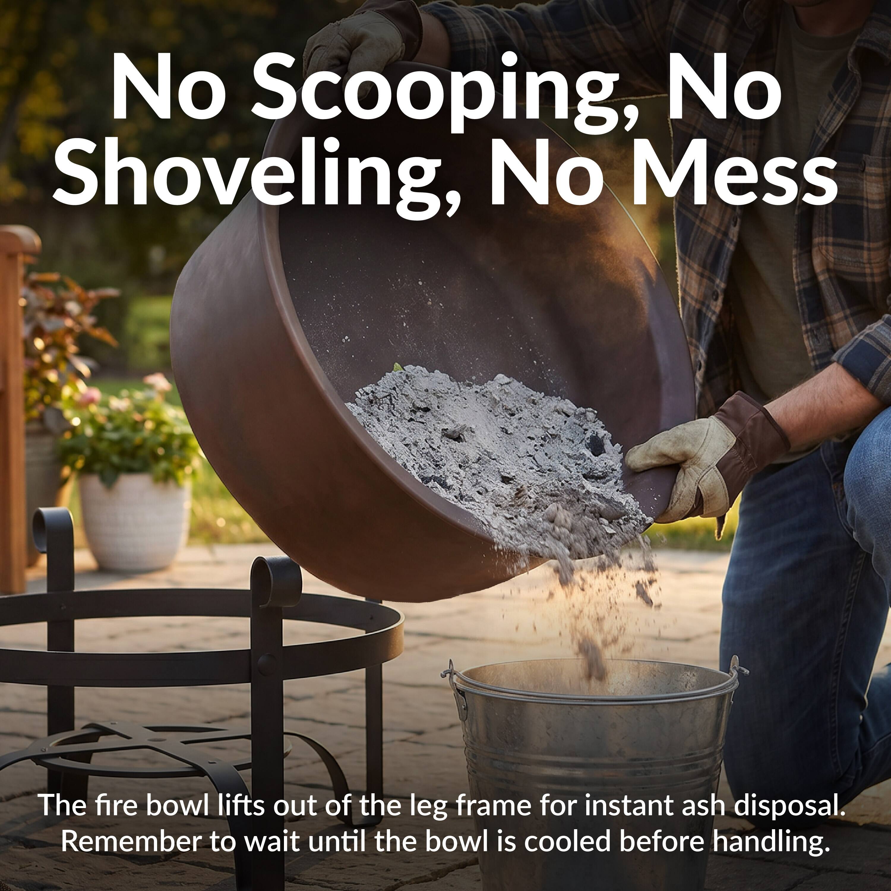 No Scooping, No Shoveling, No Mess

The fire bowl lifts out of the leg frame for instant ash disposal. Remember to wait until the bowl is cooled before handling.