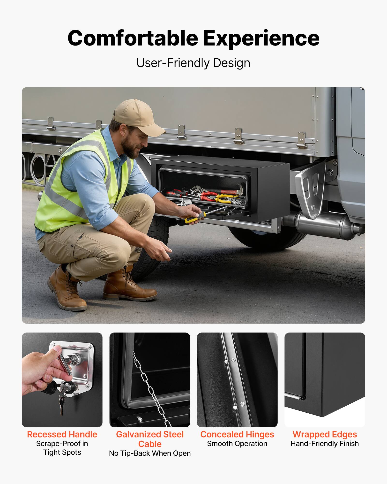 Comfortable Experience  
User-Friendly Design

- HERND Recessed Handle
- Galvanized Steel
- Concealed Hinges
- Wrapped Edges

Scrape-Proof in Tight Spots  
Smooth Operation  
Hand-Friendly Finish  
No Tip-Back When Open