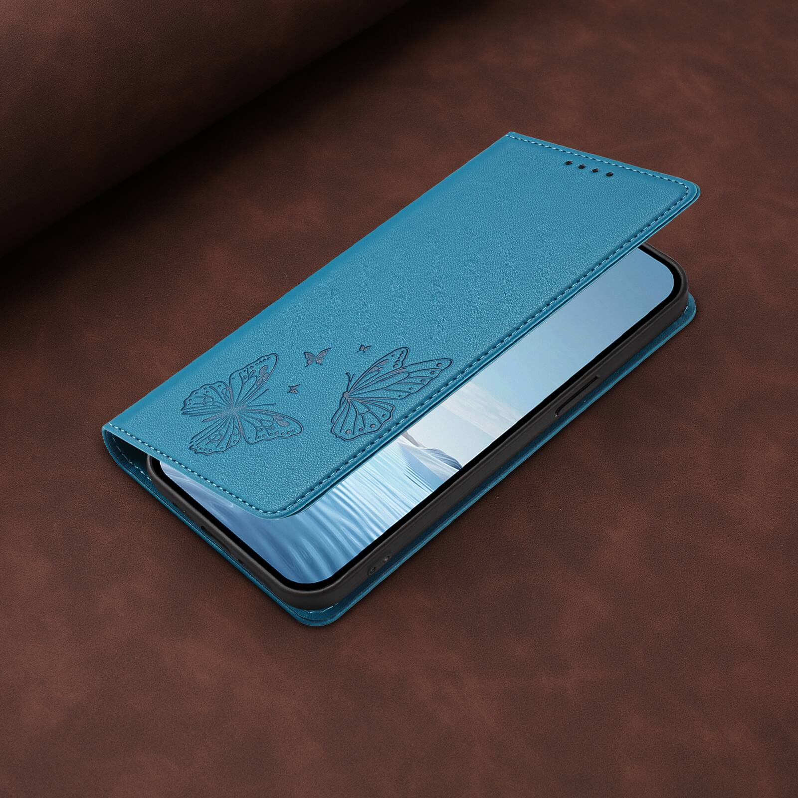 Alt View 4. Dteck - For Motorola Moto G Play (2026) Butterfly Embossed PU Leather RFID Blocking Flip Kickstand Wallet Case with Card Slots - Blue.
