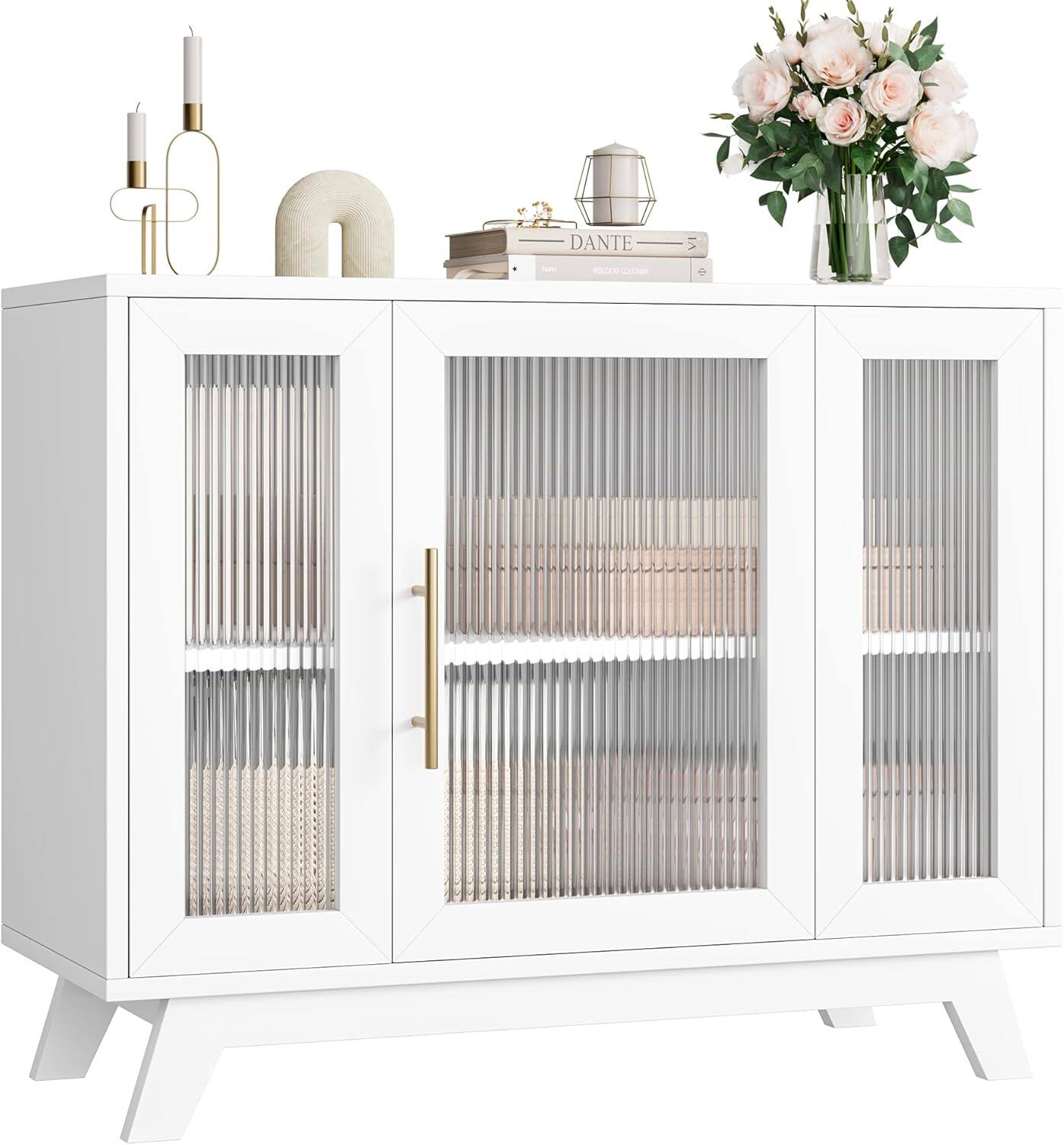 Front. Homhougo - 36" Sideboard Buffet Cabinet with Storage, Contemporary Farmhouse Kitchen Sideboard with Glass Doors & Adjustable - White.