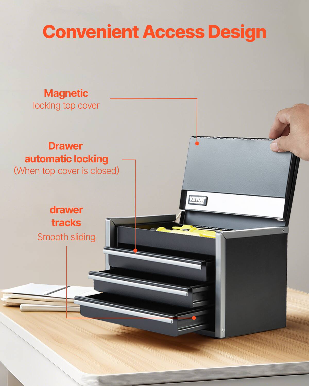 Convenient Access Design

- Magnetic locking top cover
- Drawer automatic locking (When top cover is closed)
- drawer tracks
- Smooth sliding