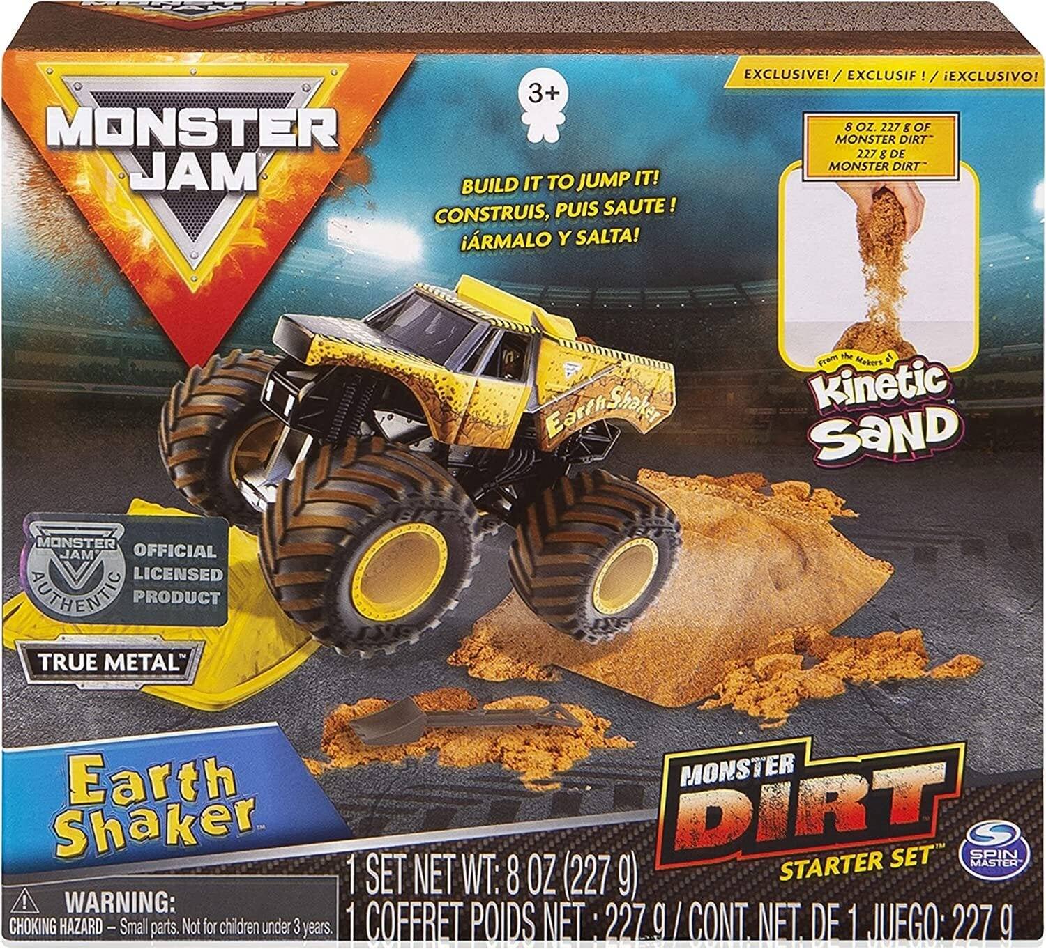 EXCLUSIVE! / EXCLUSIF / ¡EXCLUSIVO!  
3+ MONSTER 8 OZ. 227 g OF MONSTER DIRT  
227 g DE MONSTER DIRT  
MAL BUILD IT TO JUMP IT!  
CONSTRUIS, PUIS SAUTE!  
¡ARMALO Y SALTA!  

EatenShoker  
the From Makers Kinetic SaND  

MONSTER MAL OFFICIAL LICENSED AUTHENTIE PRODUCT  
TRUE METAL  

Earth MONSTER Shaker DIRT SET SPIN STARTER MASTER 1 SET NET WT: 8 OZ (227 g) !  
WARNING: CHOKING HAZARD - Small parts. Not for children under 3 years.  
1 COFFRET POIDS NET 227.9 / CONT. NET. DE 1 JUEGO: 227 g