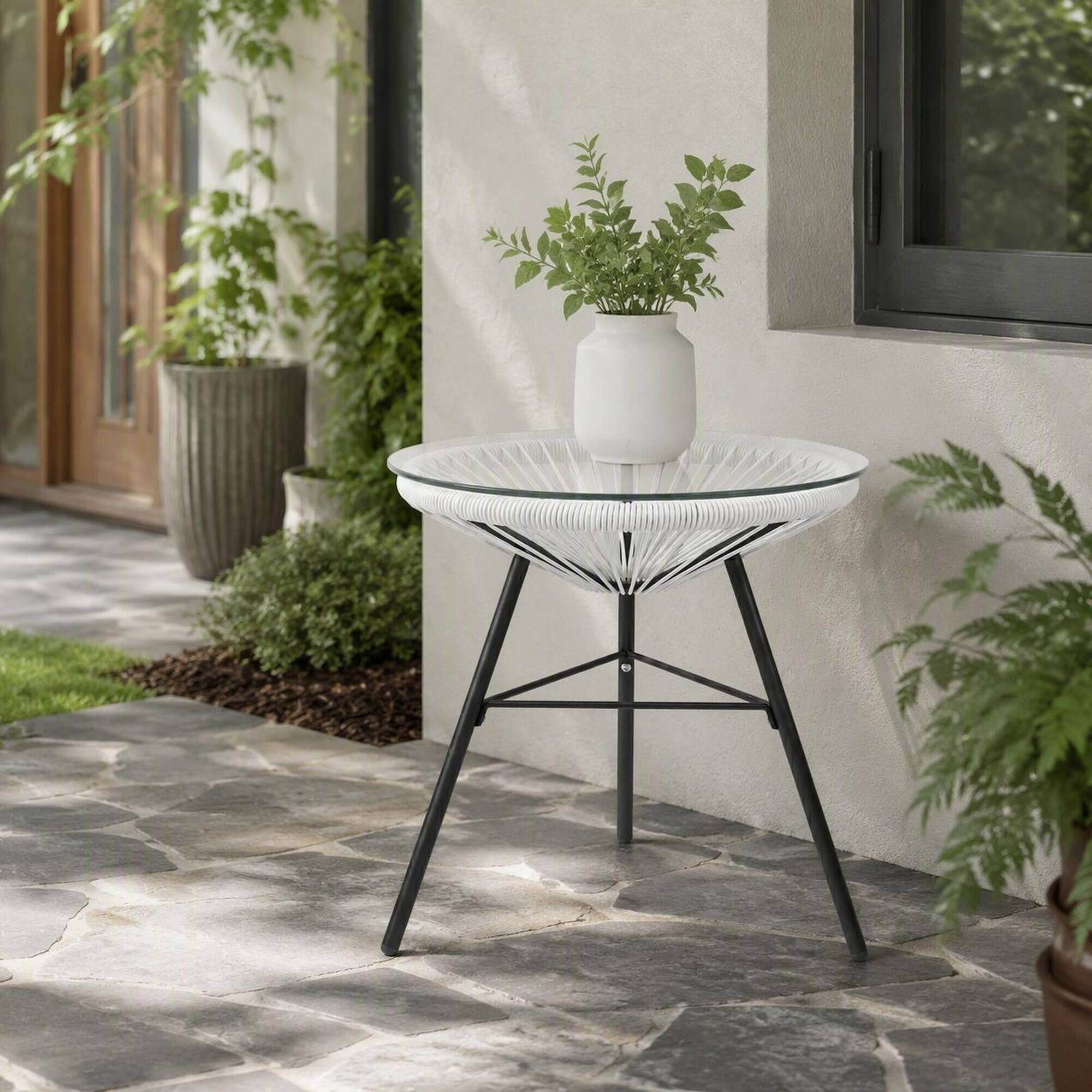 Angle. RYHNUYNE - White Rattan Side Table with Clear Glass Top,Outdoor Accent Table, Weatherproof Patio & Balcony Furniture - White.