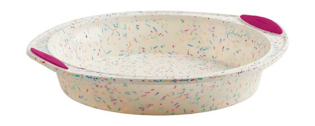 Front. Trudeau - Structure Silicone 9-Inch Round Cake Pan, Confetti/Fuchsia - White.