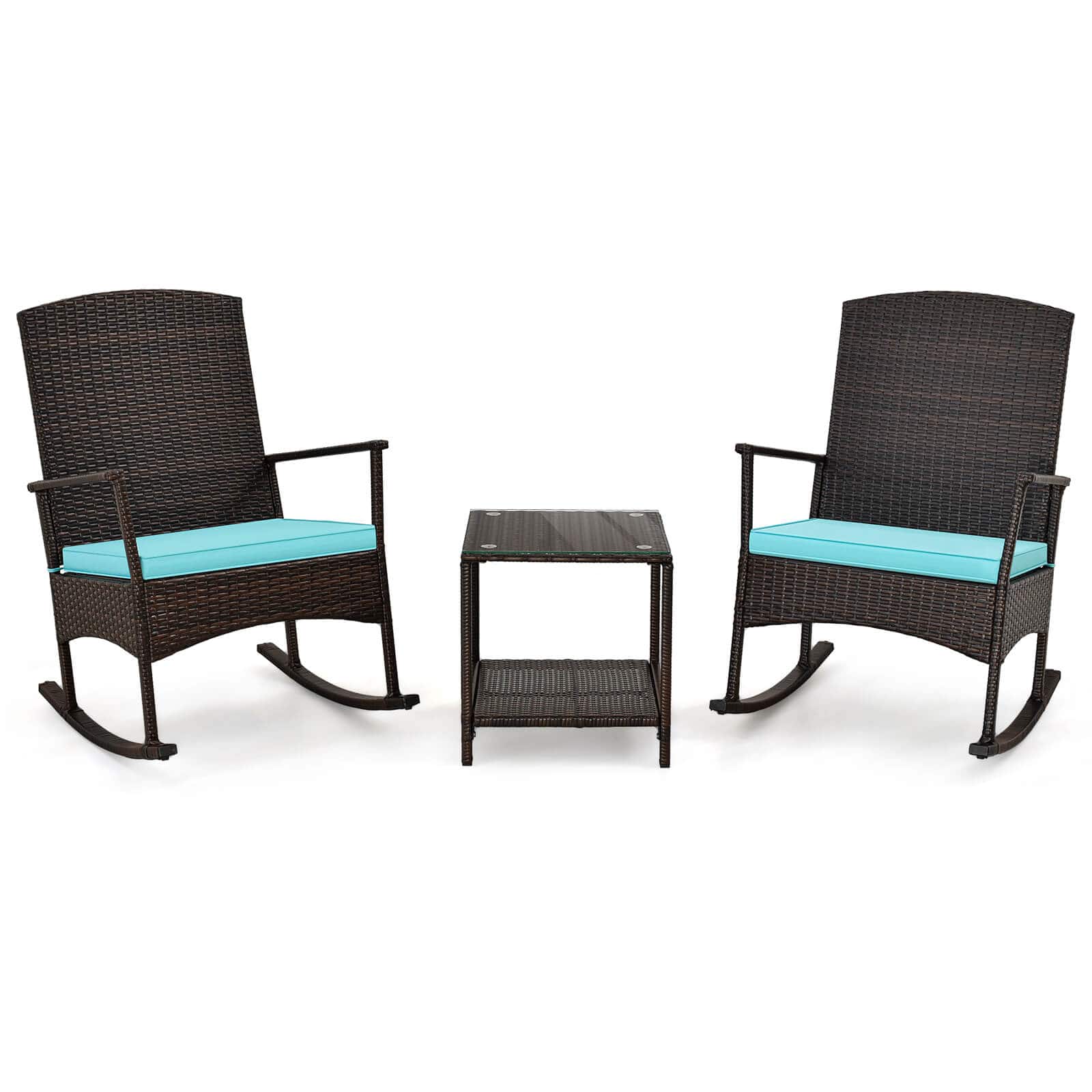 Front. Costway - Costway 3 Piece Patio Rocking Set Wicker Rocking Chairs with 2-Tier Coffee Table Turquoise - Turquoise.