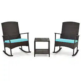 Costway - 3 Piece Patio Rocking Set Wicker Rocking Chairs with 2-Tier Coffee Table - Turquoise