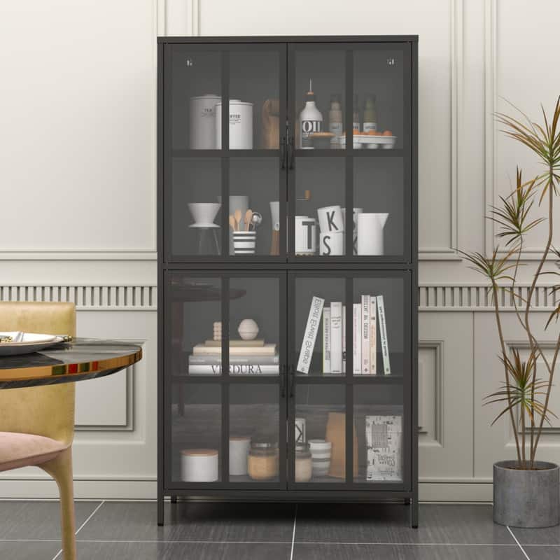 ALEXOUN - Metal Storage Cabinet with Tempered Glass Doors, Adjustable Shelves & Magnetic Silent Closure, for Living Room/Kitchen - Black
