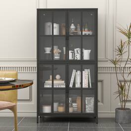 ALEXOUN - Metal Storage Cabinet with Tempered Glass Doors, Adjustable Shelves & Magnetic Silent Closure, for Living Room/Kitchen - Black