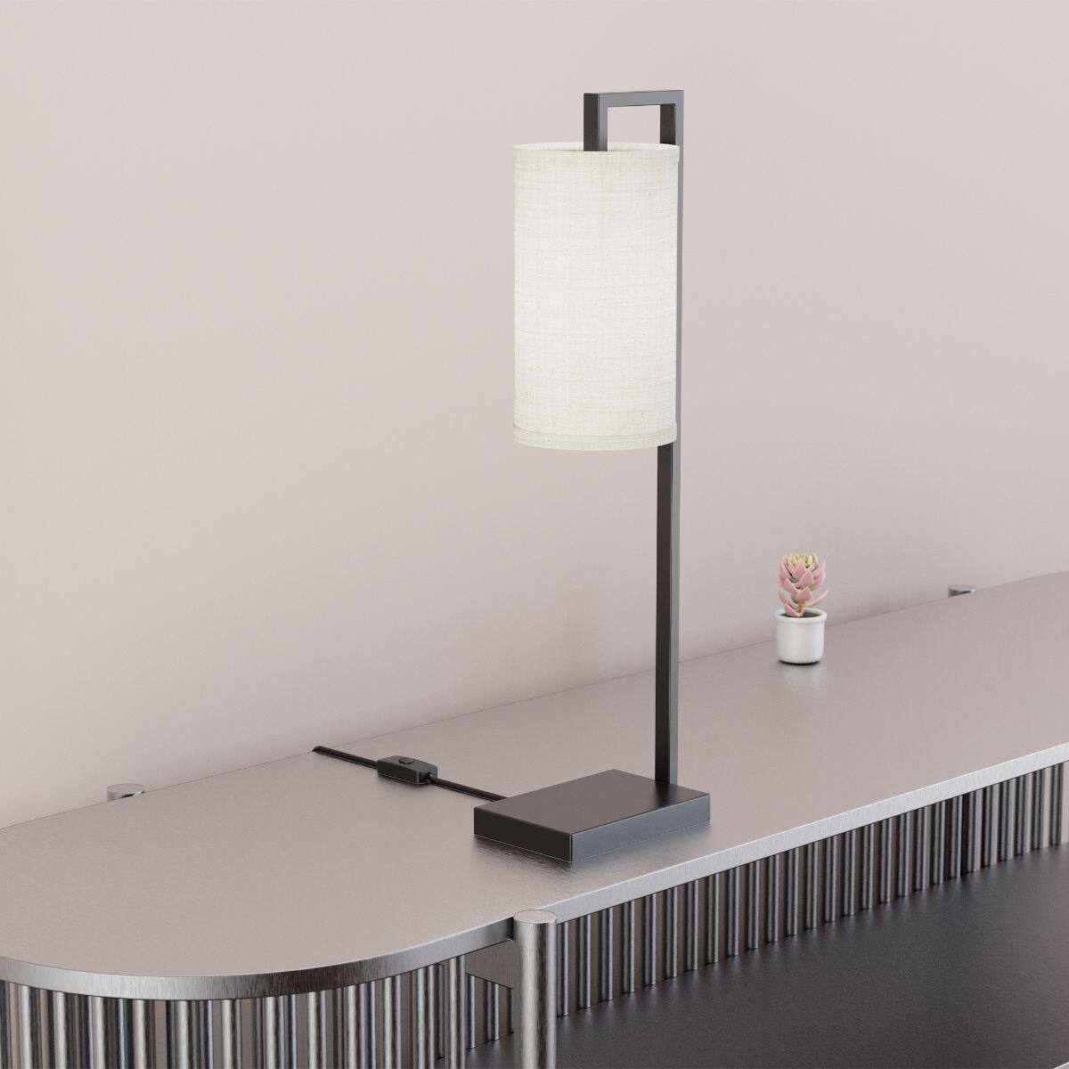 Back. Infibrite - Rectangular Frame 25 Inch Table Lamp with Cylinder Shade, E26 Bulb Compatible - White.