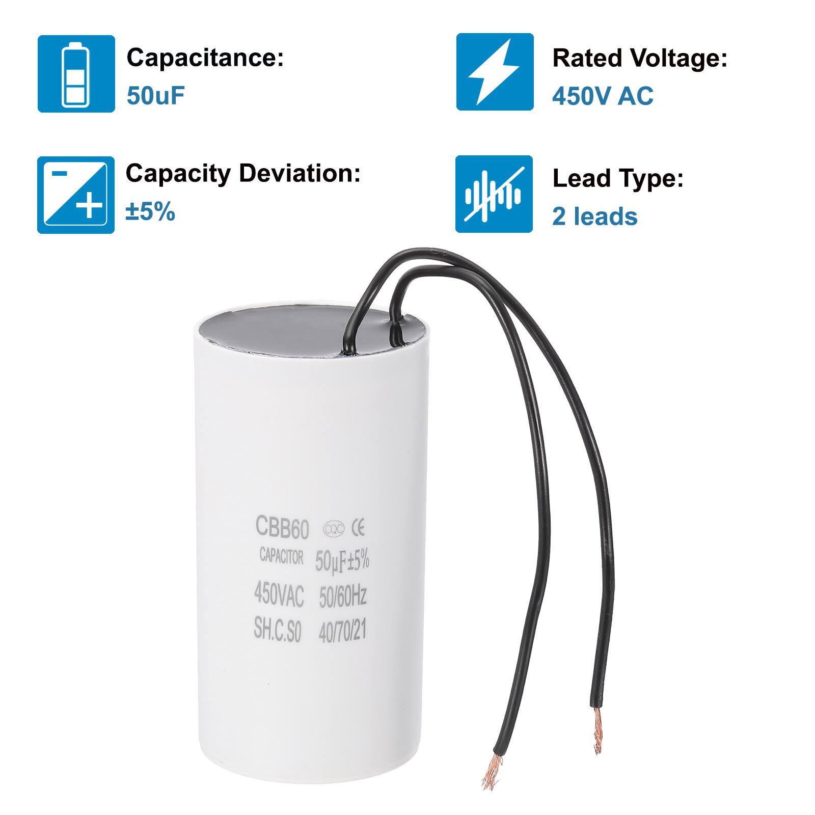 Capacitance: 50uF  
Rated Voltage: 450V AC  
Capacity Deviation: ±5%  
Lead Type: 2 leads  

CBB60  
CAPACITOR 50uF ±5%  
450VAC 50/60Hz  
SH.C.SO 40/70/21