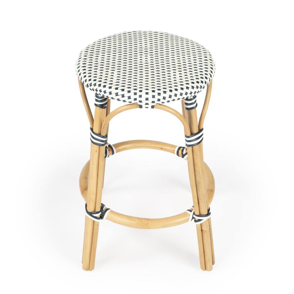 Alt View 3. Butler Specialty - Tobias Rattan Round 24" Counter Stool - White And Navy Dot.