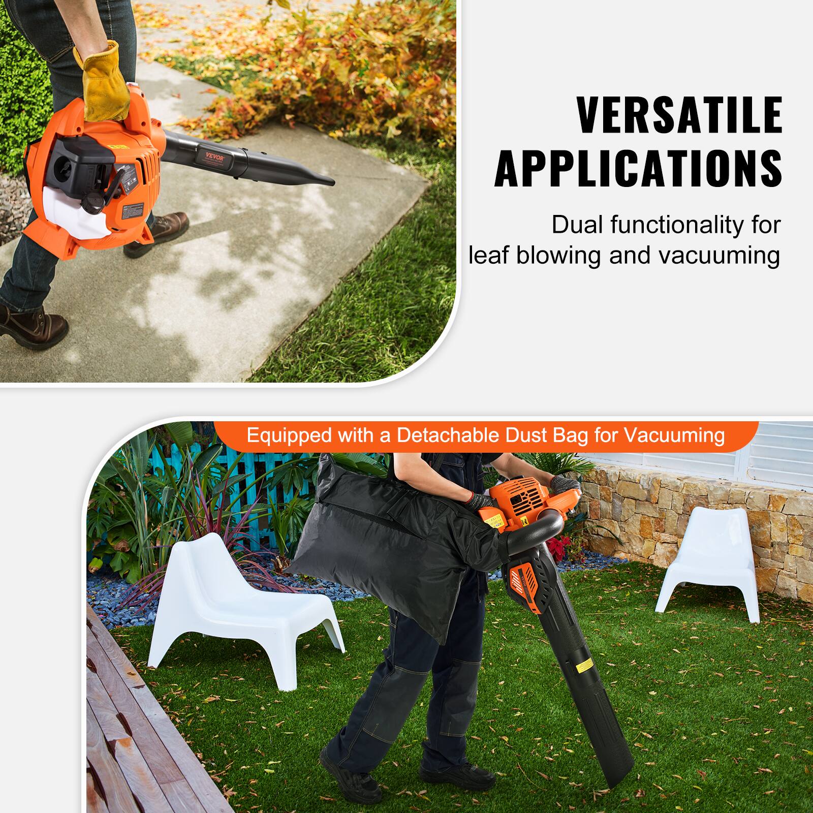 VERSATILE APPLICATIONS  
Dual functionality for leaf blowing and vacuuming  

Equipped with a Detachable Dust Bag for Vacuuming